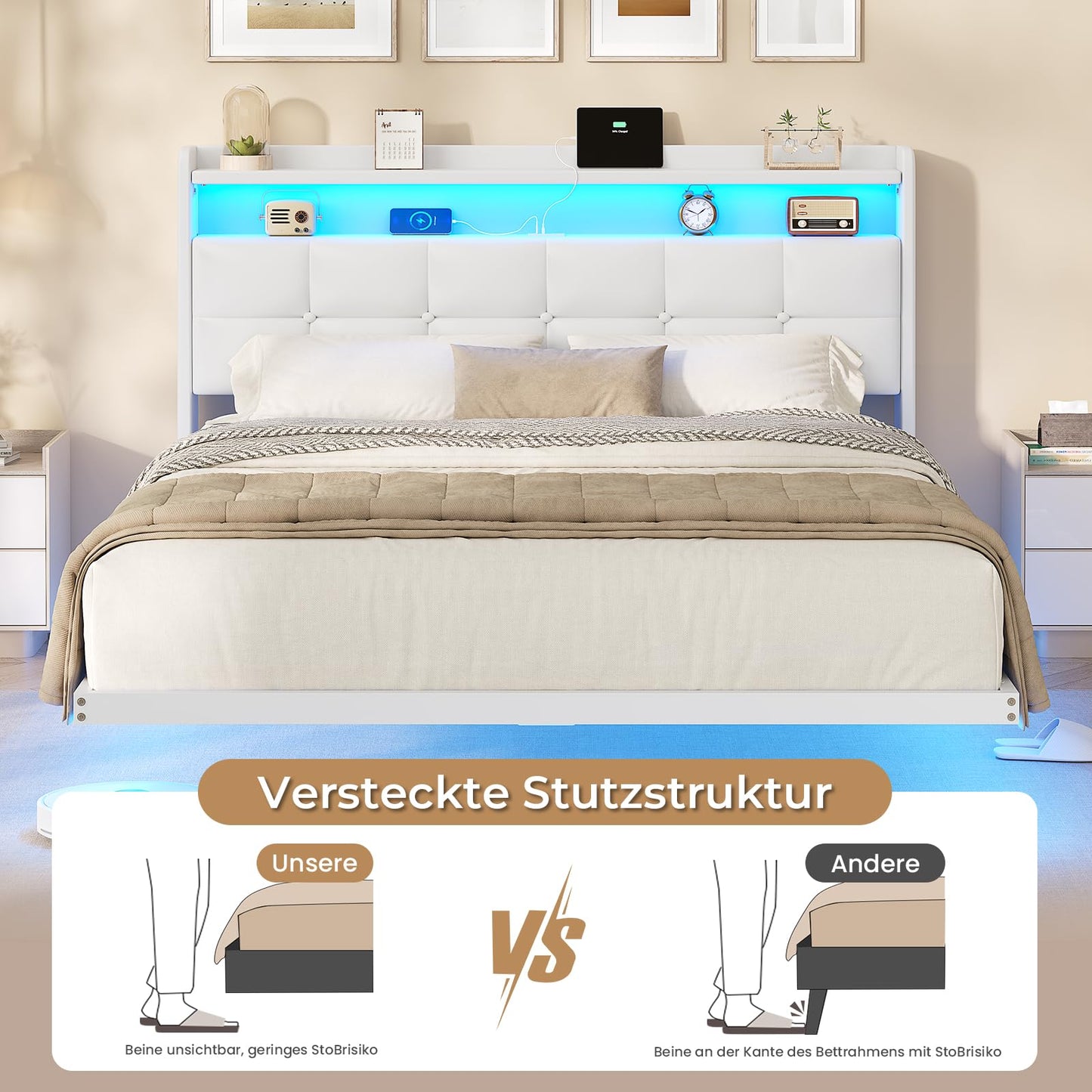 AOGLLATI Upholstered Bed 140 x 200 cm, Double Bed Frame, Bed Frame with LED Lighting and Charging Station, Bed Frame with Headboard, Bed Floating Bed Frame, Metal Bed, Linen, Dark Grey (without