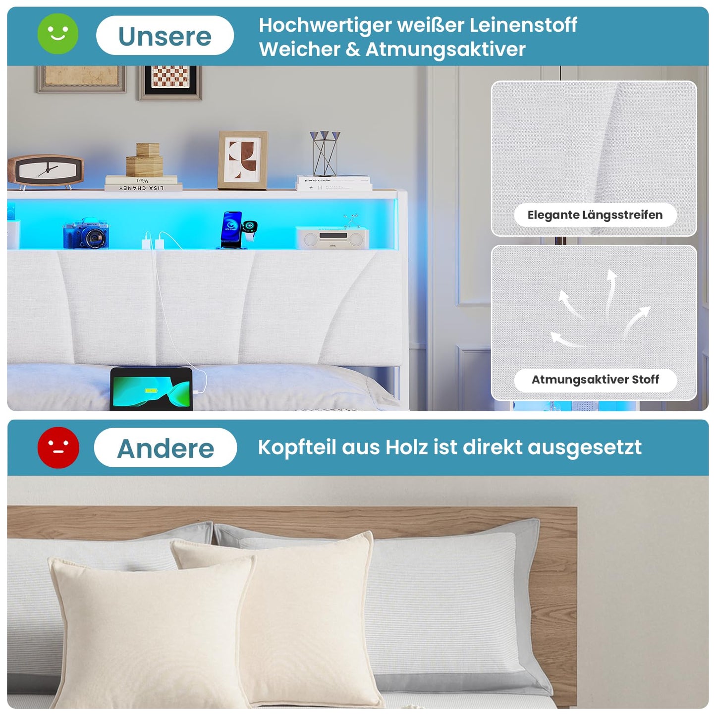 Brinlawb Bed 140 x 200 cm with Metal Slatted Frame, Bed Frame 140 x 200 cm with LED Lighting, Metal Bed 140 x 200 cm with Headboard and Charging Station (2 AC Sockets, 2 USB Ports), Youth Bed, Double