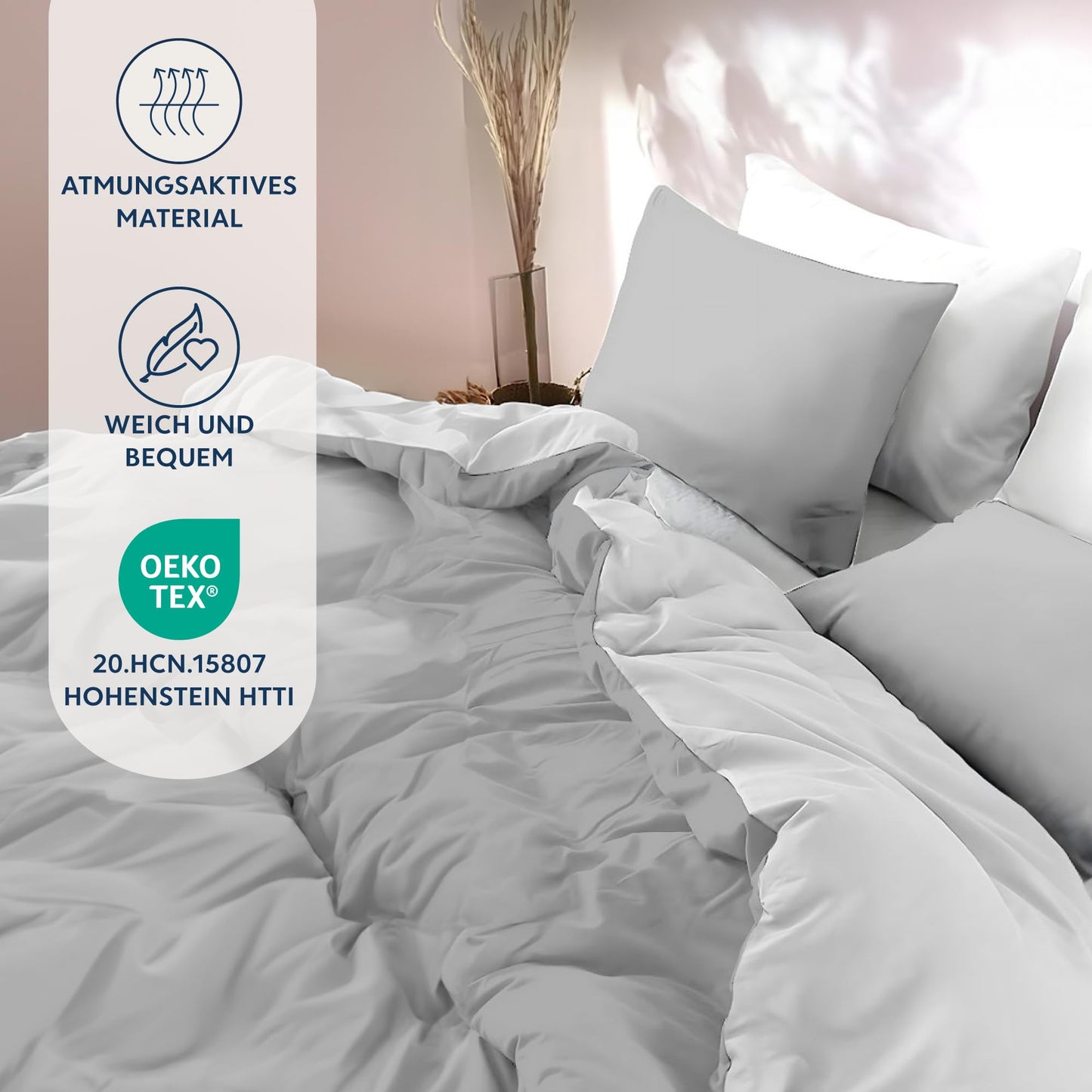 Dreamzie - Bed Linen Set 200 x 200 cm with 2 Pillowcases 80 x 80 cm Light Grey/White - 1 Duvet Cover 200 x 200 cm Made of 100% Microfibre - Certified No Chemicals (Oeko Tex)