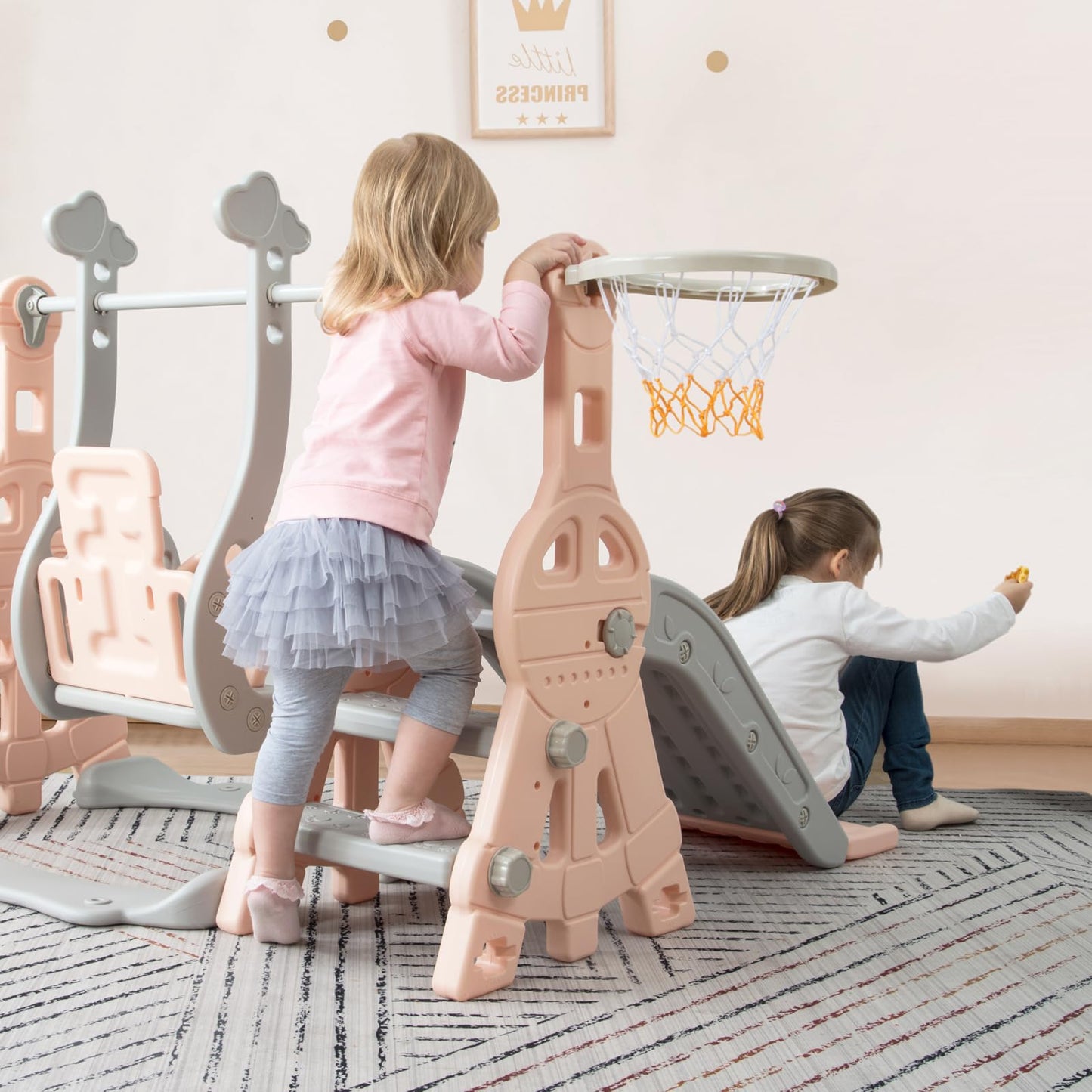 Kinderrutsche, Babyschaukel, 4 in 1, mit Schaukeln, Treppen, Gleiten, Basketballgestellen, Spielplatz für drinnen und draußen, multifunktionale Rutsche (Rosa, Kaninchen)