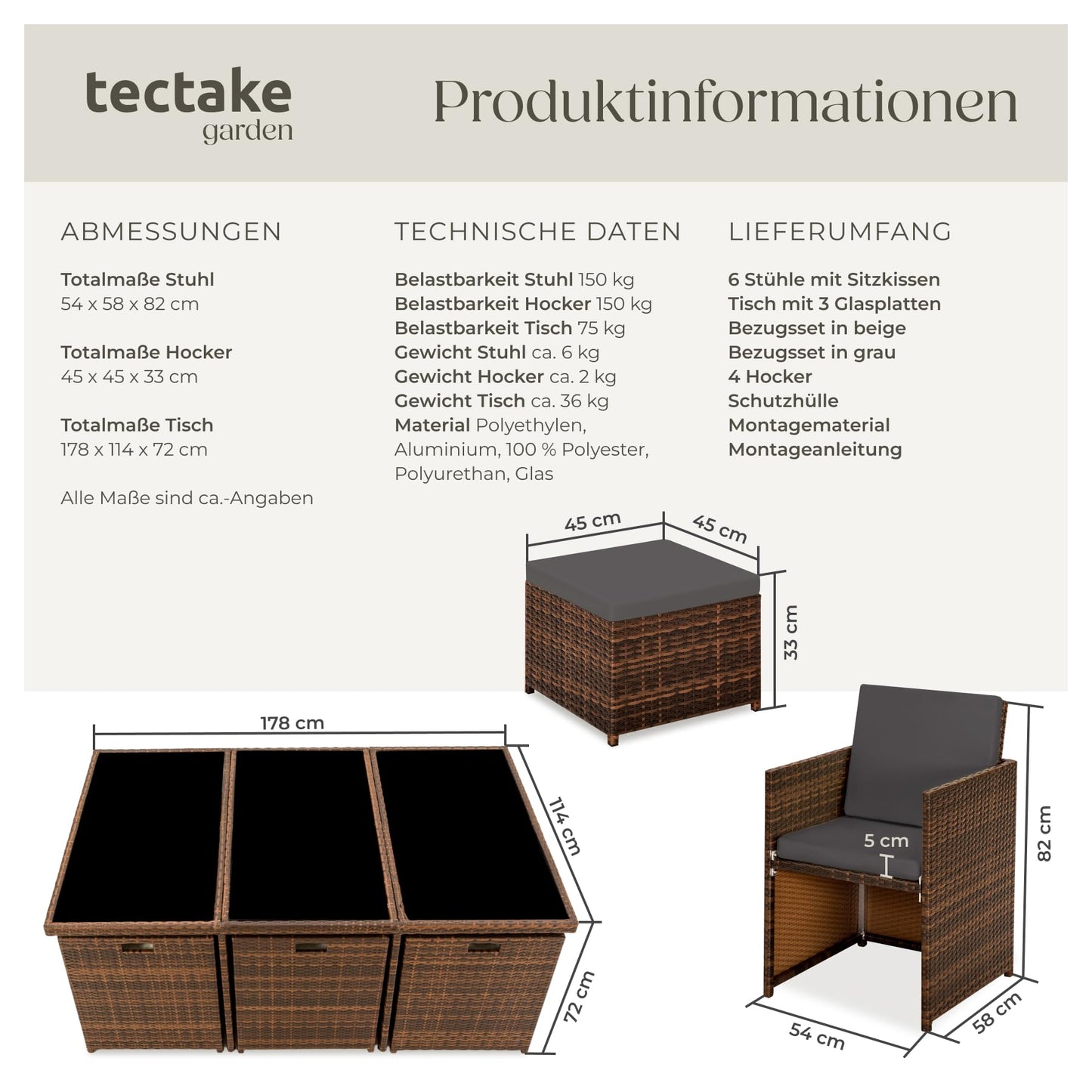 tectake Polyrattan Gartenmöbel Set, Sitzgruppe mit 6 Stühle +1 Glasplatte Tisch + 4 Hocker, Gartenlounge Set klappbar, für bis zu 10 Personen, Balkon Möbel, inkl. 2 Bezugsset - Natur