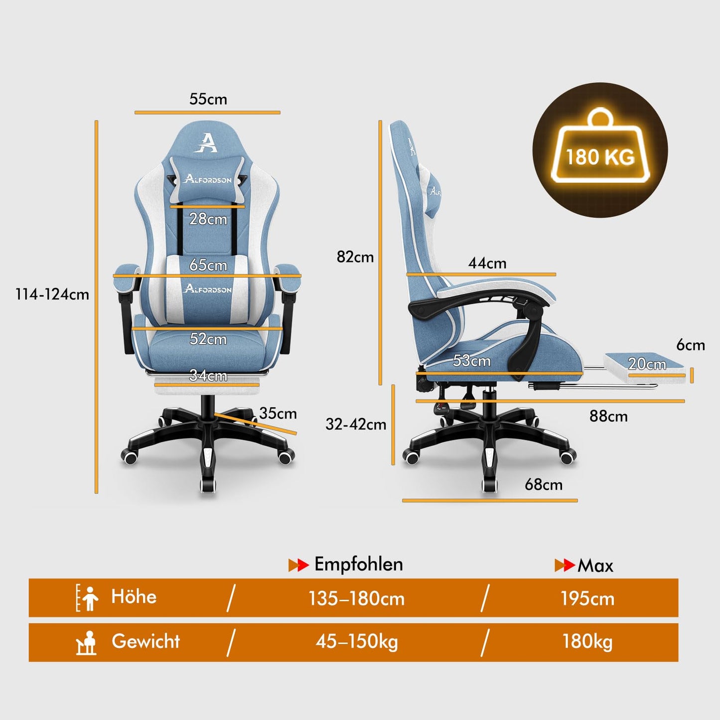 ALFORDSON Gaming-Stuhl mit Massage-Lendenwirbelkissen, ergonomischer Gamer-Racer-Stuhl mit Verstellbarer Rückenlehne, Drehstuhl mit Fußstütze, höhenverstellbar, Schwarz