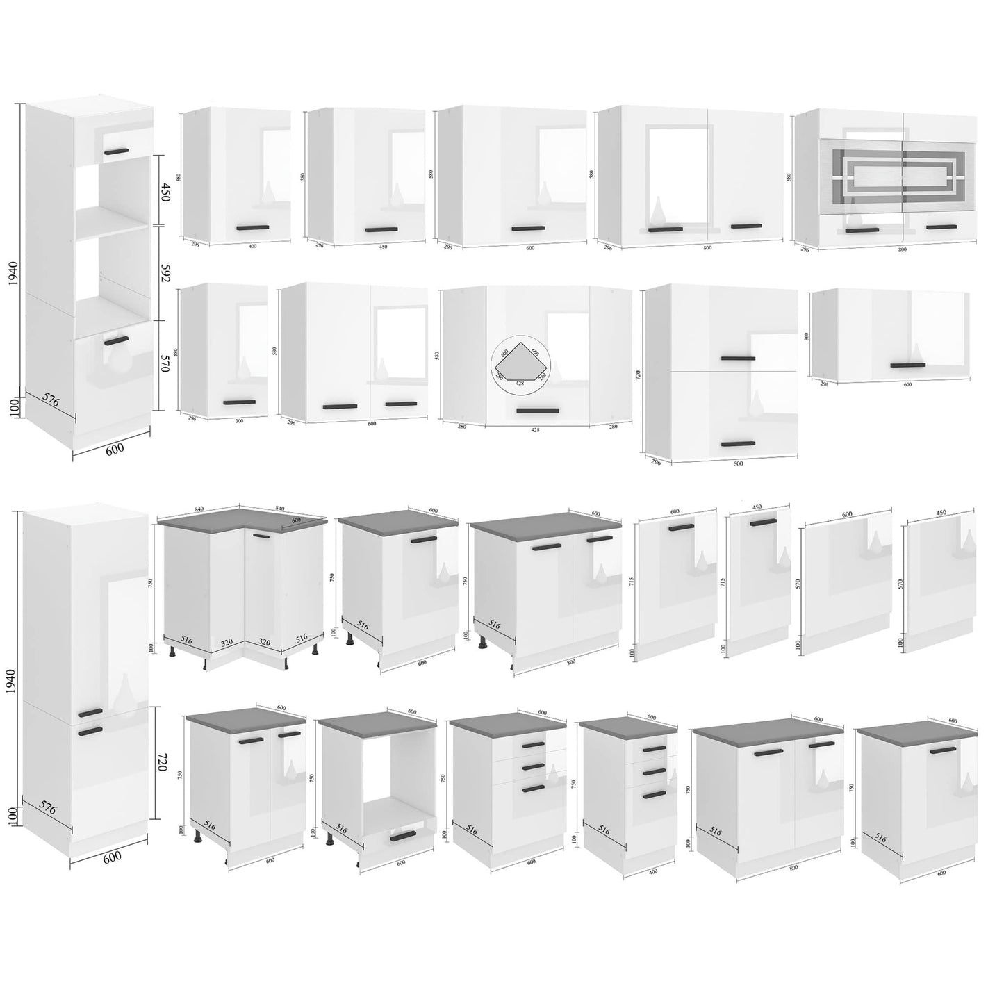 Belini Linda Kitchen Unit, Kitchen Furniture 240 cm, Fully Equipped without Electrical Appliances, with Wall Cabinets and Base Cabinets, with Worktops, Matt White