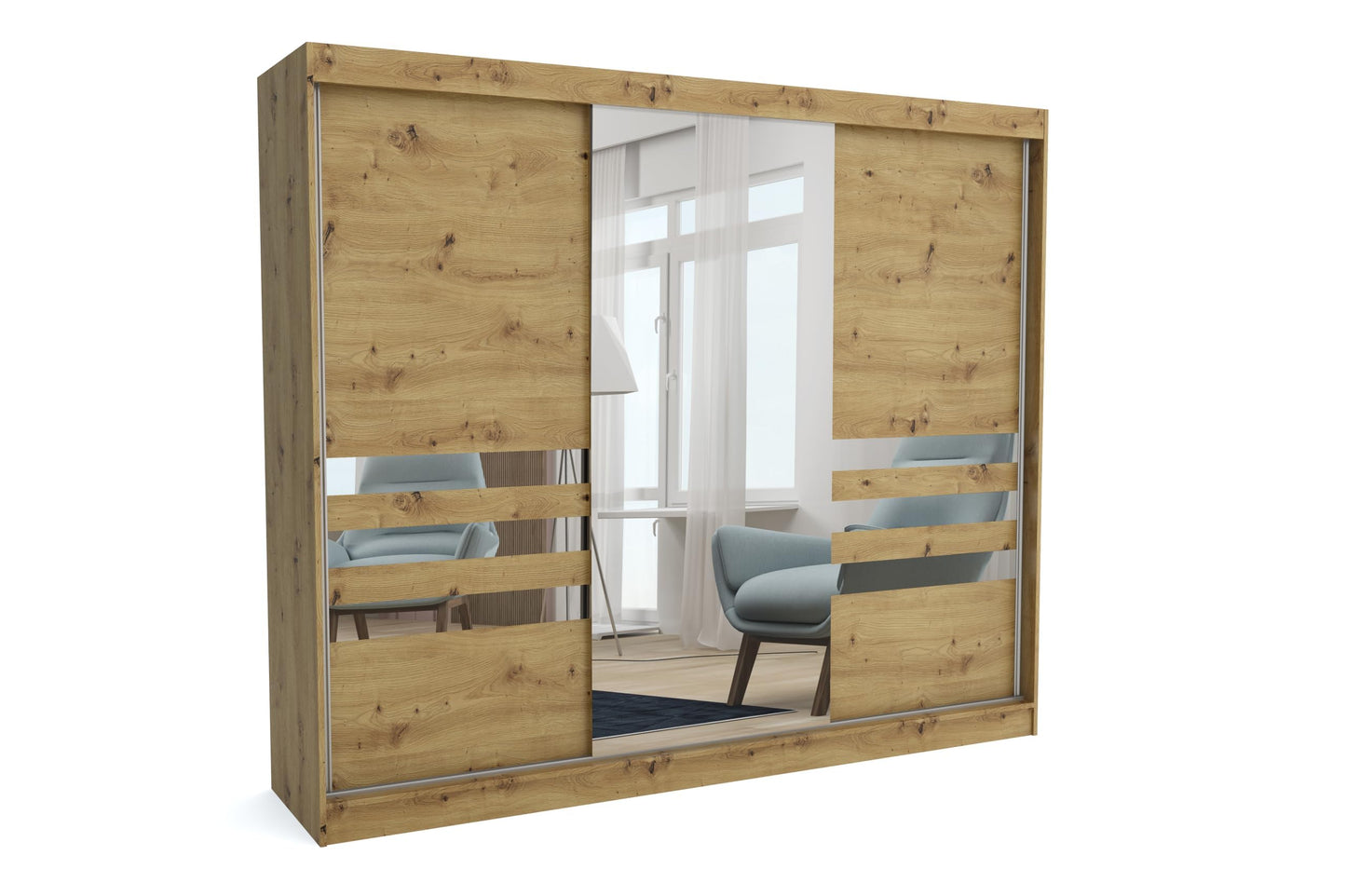 Brent - Kleiderschrank mit Spiegel Henry, 250cm Breit, Schlafzimmerschrank mit 1 Kleiderstange und Einlegeböden für Kleidung, Kleiderschrank Grau
