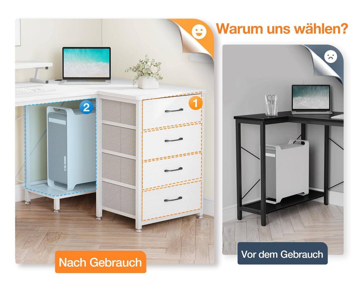 ODK Eckschreibtisch mit 4 Stoff Schubladen, 160x80cm Reversible Schreibtisch L Form mit 2 Steckdosen und 2 USB Ladeanschluss, Gaming Tisch L Form mit LED&Monitorständer für Home Office, Schwarz