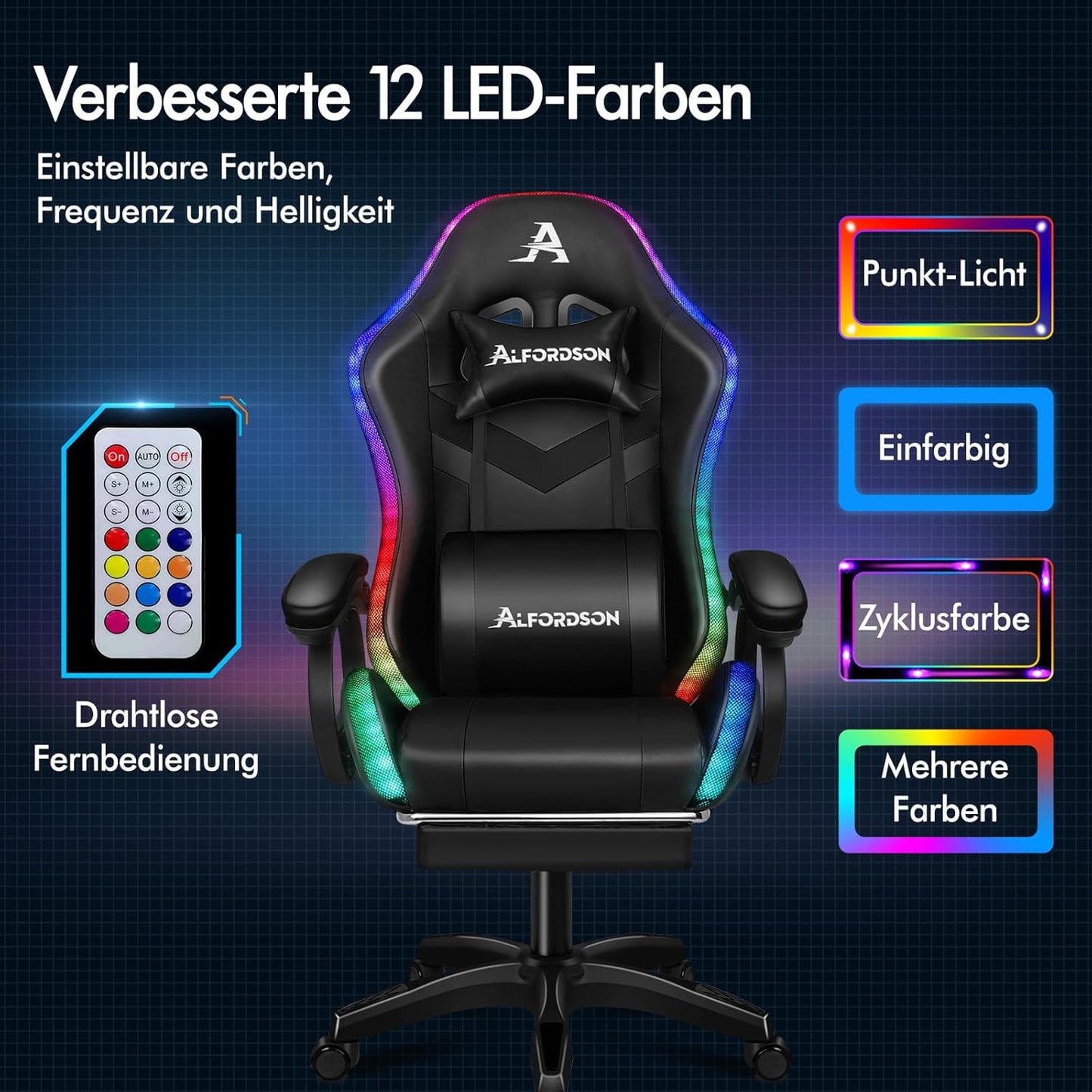 ALFORDSON Racing Gaming Stuhl, Massage Gamer Stuhl mit 12 LED Farben RGB Beleuchtung, Ergonomischer Sessel mit Lordosenstütze, Liegestuhl mit Fußstütze, PU Leder, Schwarz