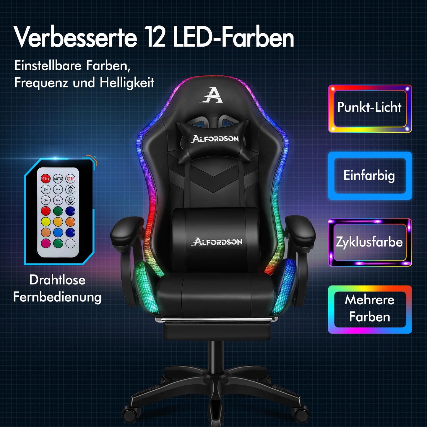 ALFORDSON Gaming Stuhl mit 8-Punkt Massage 12 Farben RGB LED-Licht, Bürostuhl Ergonomisch mit fußstützen, Kopfstütze Lendenkissen für Kinder Erwachsene, Schwarz