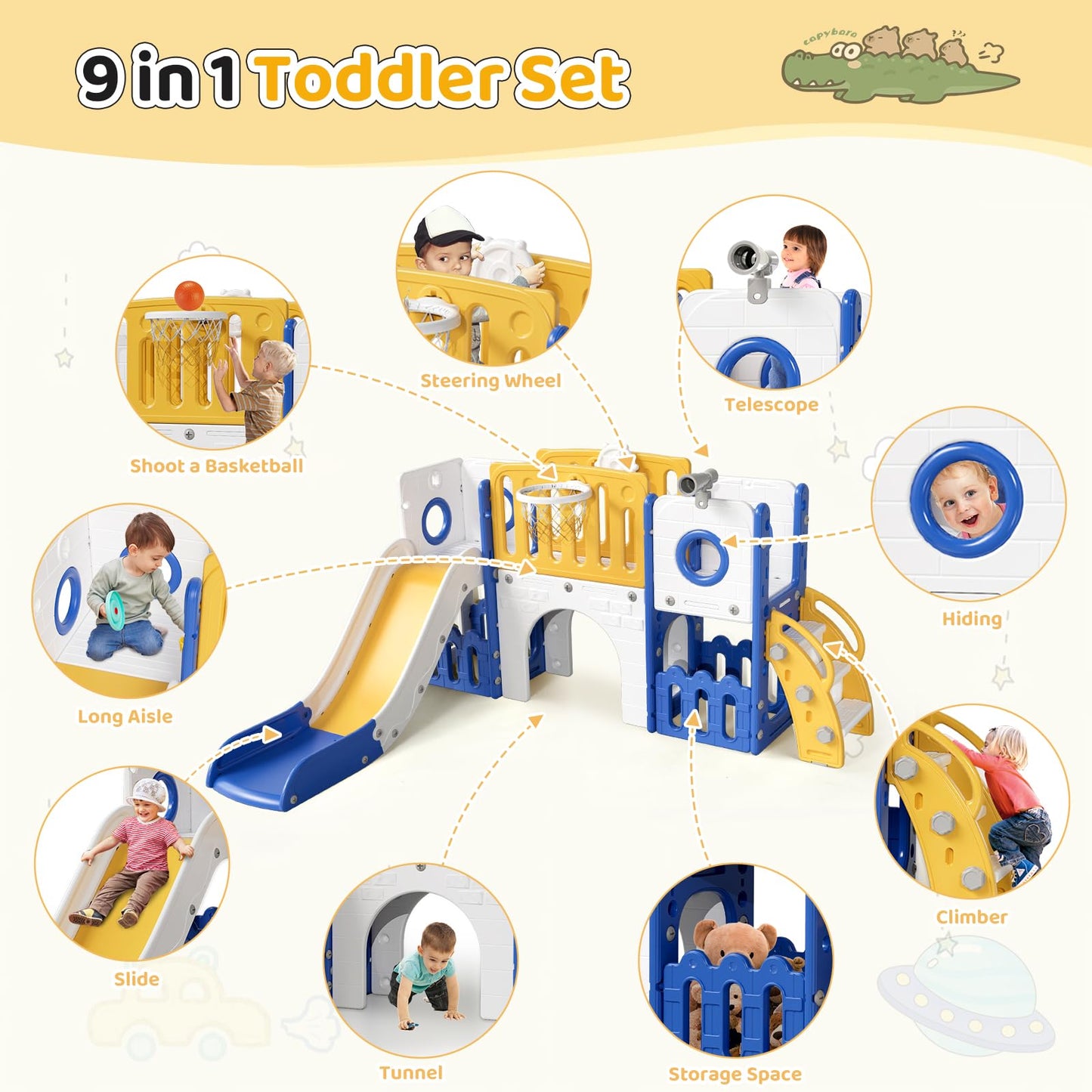 MAMIZO 9 in 1 Kinderrutsche, Kinder Rutsche mit Klettergerüst, Indoor & Outdoor Rutsche mit Basketballkorb und Teleskop, Tunnel, Stauraum, Gartenrutsche,Kinder Spielplatz, mit 2PCS Moduls, Gelb Blau