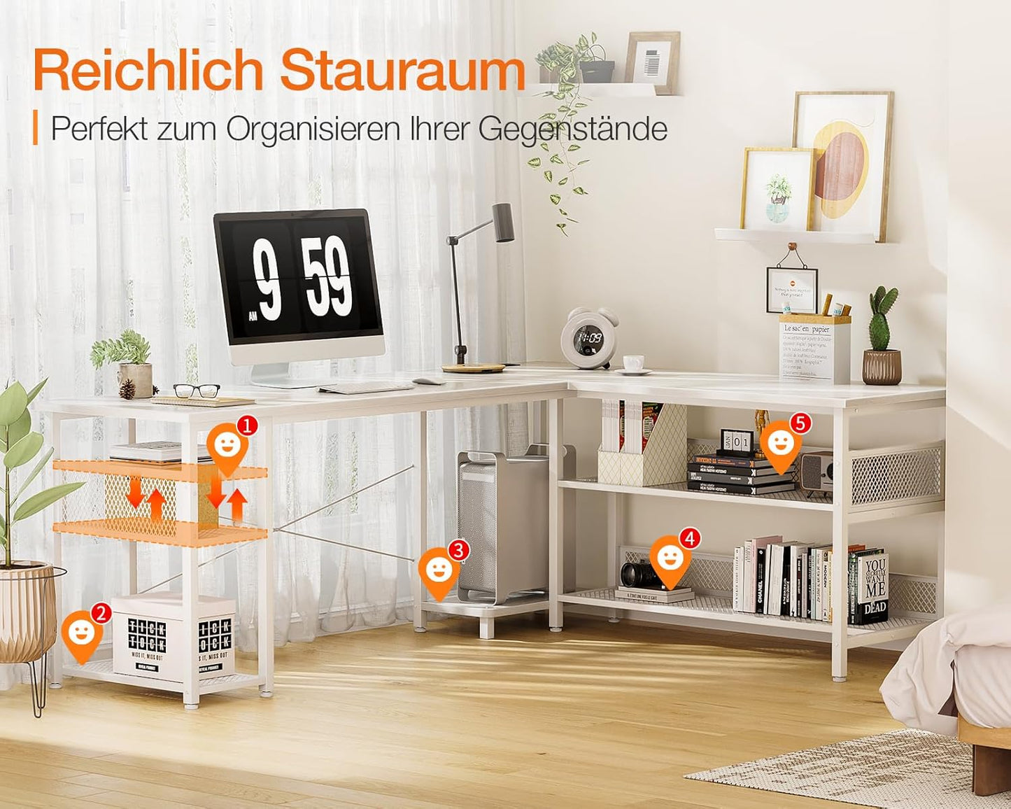 ODK Gaming Tisch, Reversibel Gaming Schreibtisch mit 2 Steckdosen und 2 USB Ladeanschluss, Eckschreibtisch für Office und Gaming, Weiß, 150×102cm