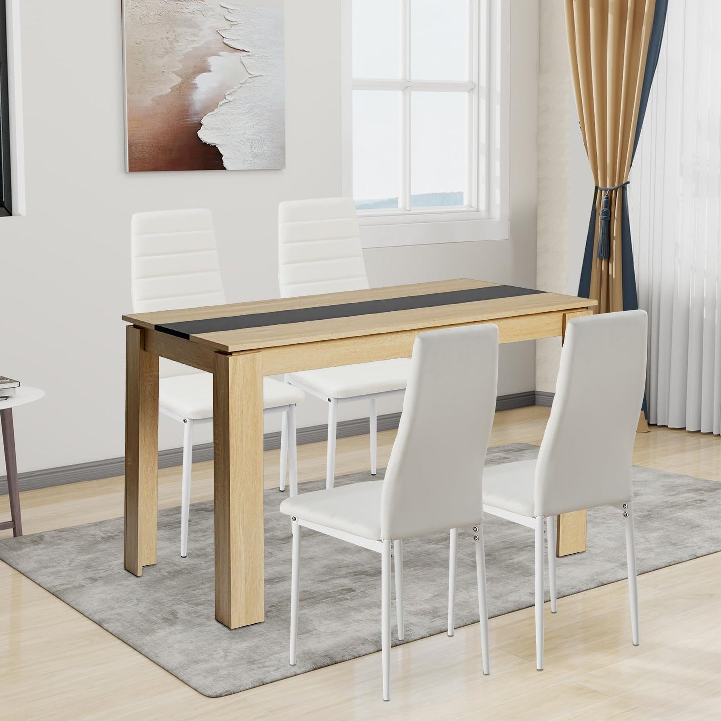 FURNITABLE Esstisch mit 6 Stühlen Esszimmergruppe, Essgruppe mit Hochlehner Kunstleder Stuhl für 6 Personen, Sitzgruppe für Küche Wohnzimmer(160cm Eiche-Weiß Tischbein Tisch+6 Schwarz Stühle)