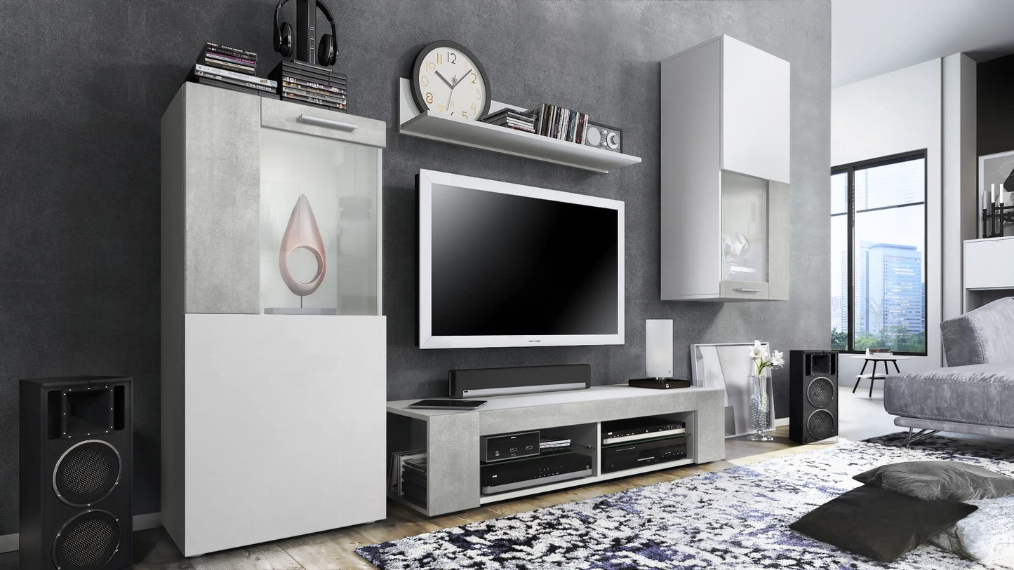Vladon Wohnwand Movie, Anbauwand bestehend aus 1 TV-Board, 2 Vitrinen und 1 Regal, Weiß matt/Weiß matt/Weiß Hochglanz (Gesamt: 300 x 190 x 39 cm)