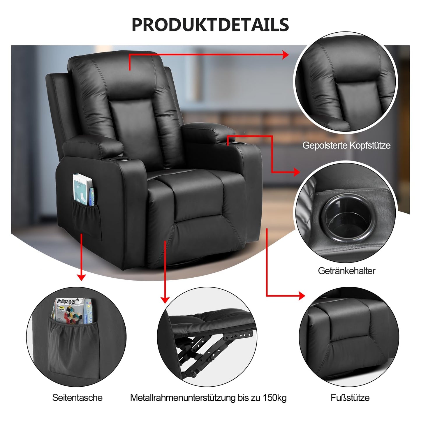 COMHOMA Relaxsessel-Set, Sofa, Sofa-Set aus Kunstleder, Fernsehsessel Ruhesessel Liegesessel mit Liege-Funktion Polstersessel Schlafsessel für Wohnzimmer Schlafzimmer Heimkino,Schwarz, 3+2+1