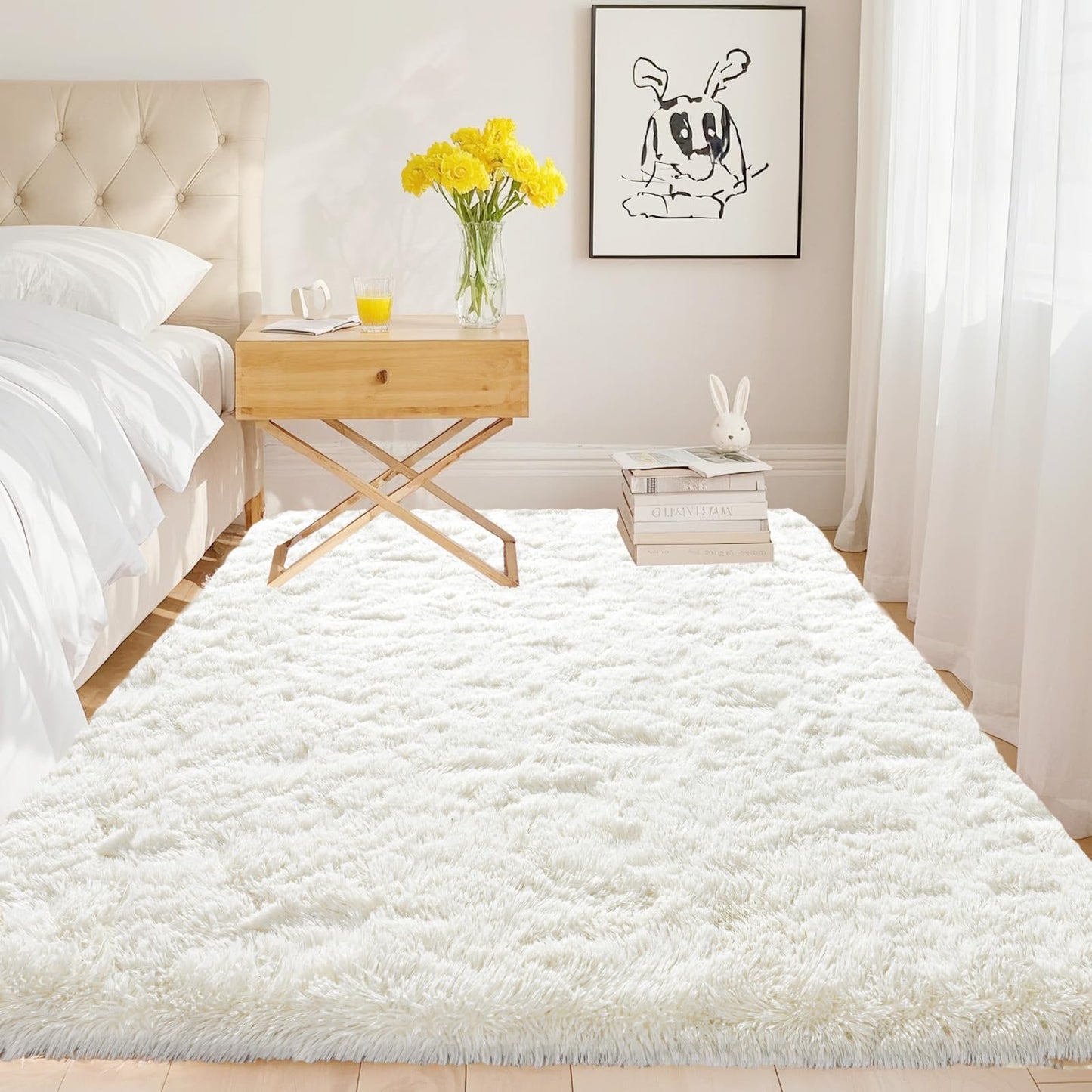 High Pile Living Room Rug, 140 x 200 cm, Cream Fuzzy Shaggy Fluffy Rug for Bedroom Rugs, Modern Plush Living Room Rug, Bed Rug, High-Pile Carpet, Non-Slip for Children's Room