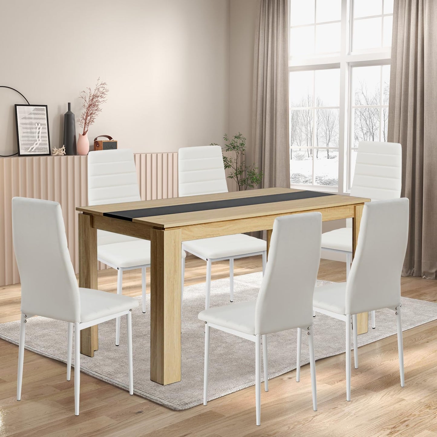 FURNITABLE Esstisch mit 6 Stühlen Esszimmergruppe, Essgruppe mit Hochlehner Kunstleder Stuhl für 6 Personen, Sitzgruppe für Küche Wohnzimmer(160cm Eiche-Weiß Tischbein Tisch+6 Schwarz Stühle)