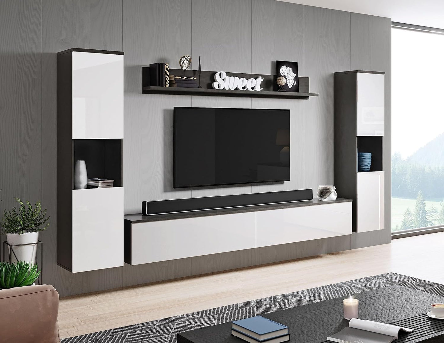 MINIO go for it - Parma XL Wall Unit, 4-Piece Set, with LED Lighting, Hanging or Standing, 2 x Highboard, Lowboard, Wall Board, Laminated Chipboard, Colour: Wotan Oak