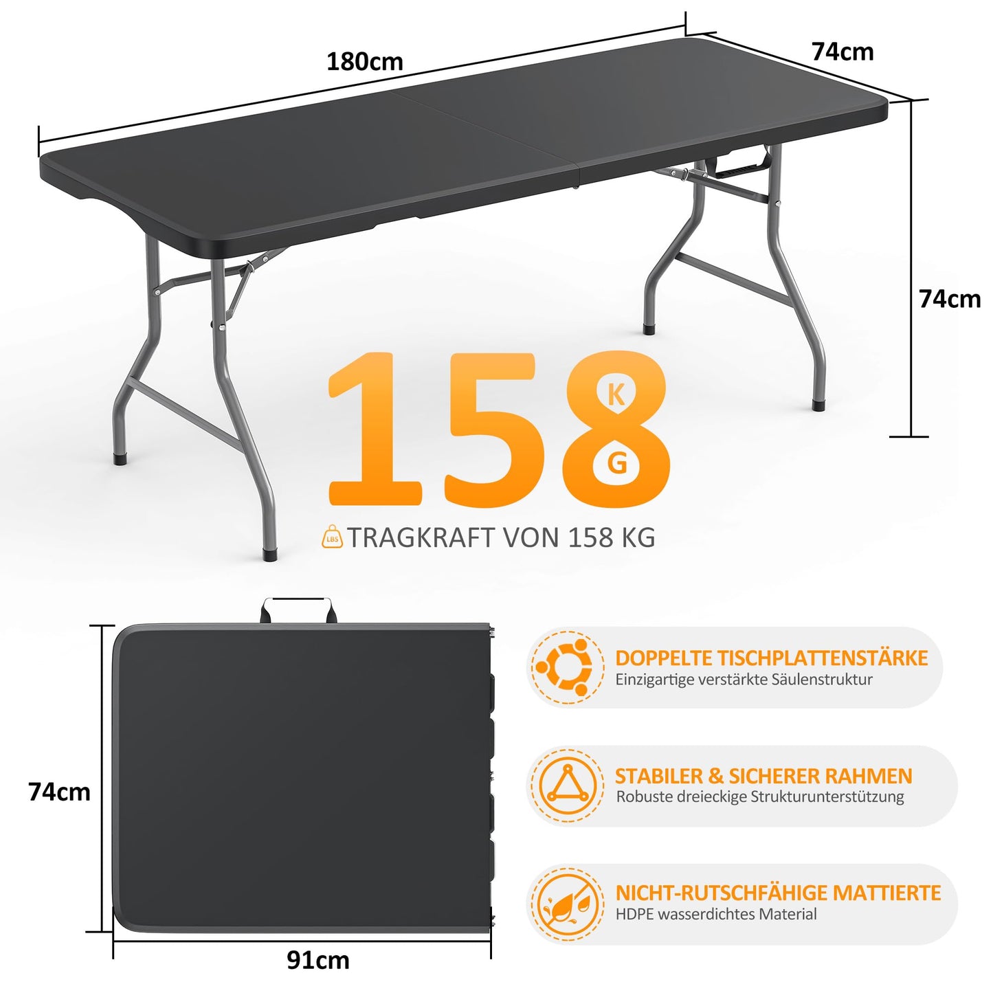 Asdsed Campingtisch 180x74 cm, Klappbar Gartentisch Buffettisch Wetterfest Tragbar Kunststoff Stabil Garten Klapptisch Partytisch Picknicktische Balkontisch