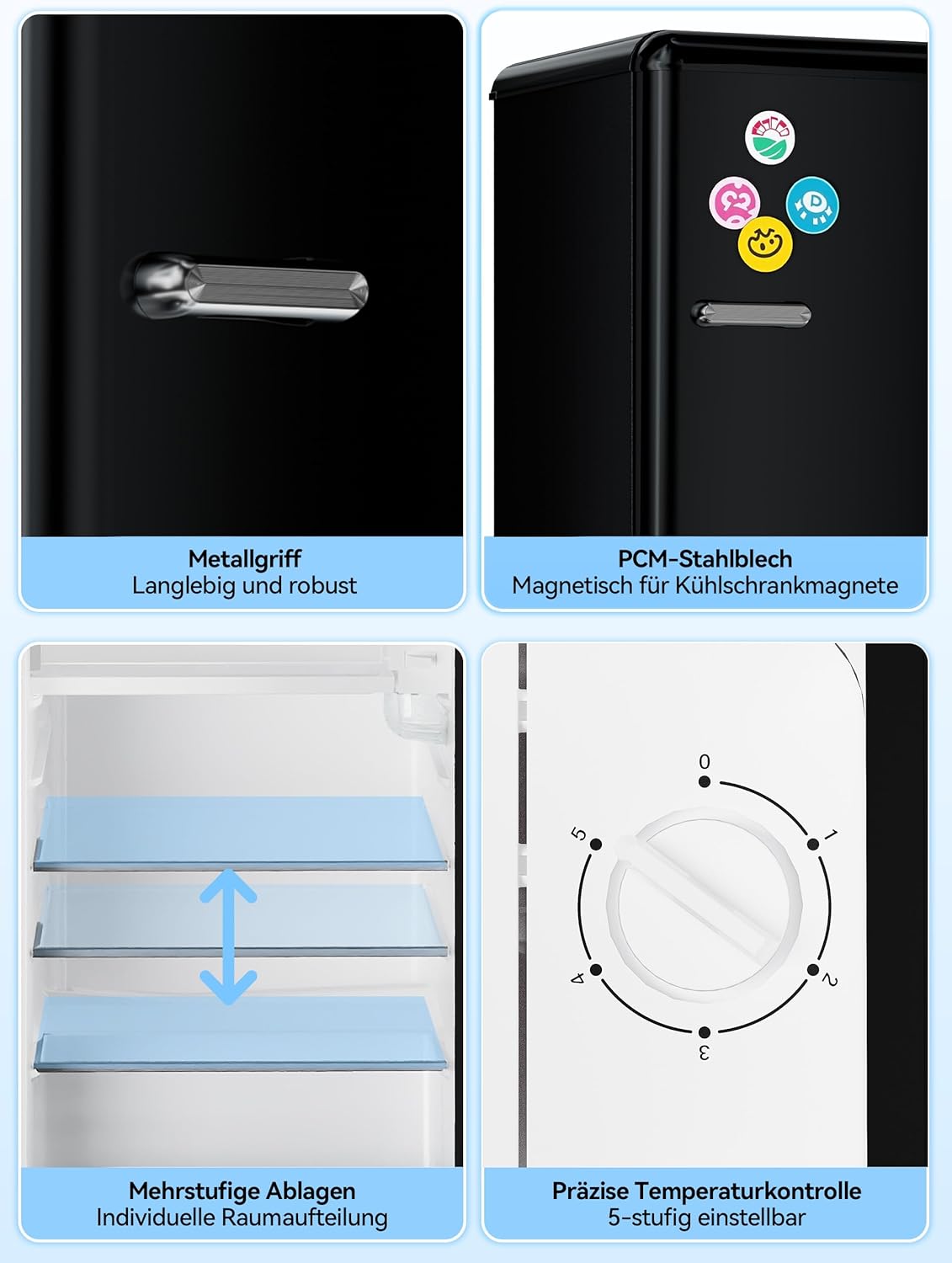 Devoko Fridge with Freezer, 75 L Retro Design Mini Fridge Small, Adjustable Thermostat, Quiet, Suitable for Home, Office and Hotel, Black