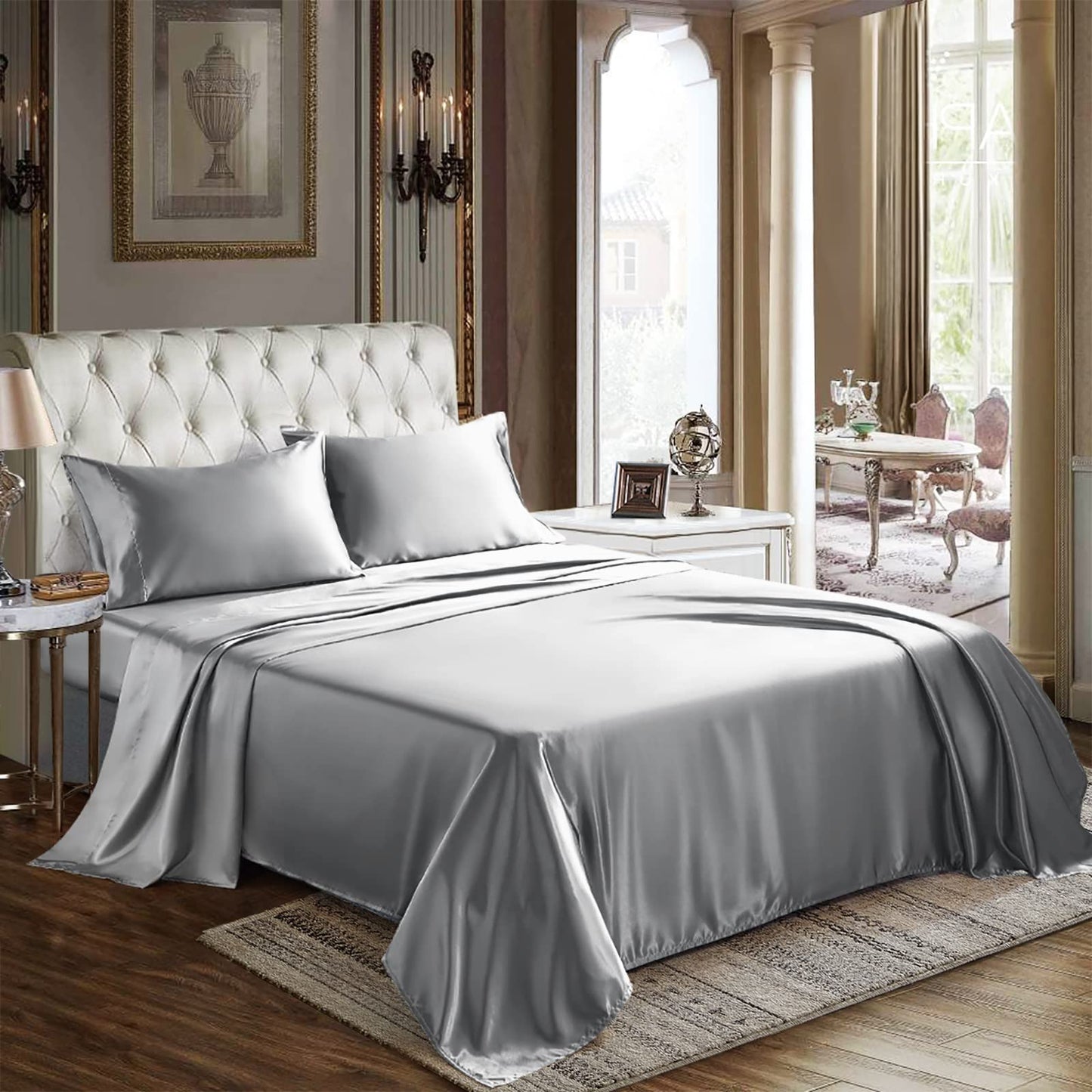 CozyLux Satin Sheets Queen Size - 4 Piece Black Bed Sheet Set with Silky Microfiber, 1 Deep Pocket Fitted Sheet, 1 Flat Sheet, and 2 Pillowcases - Smooth and Soft