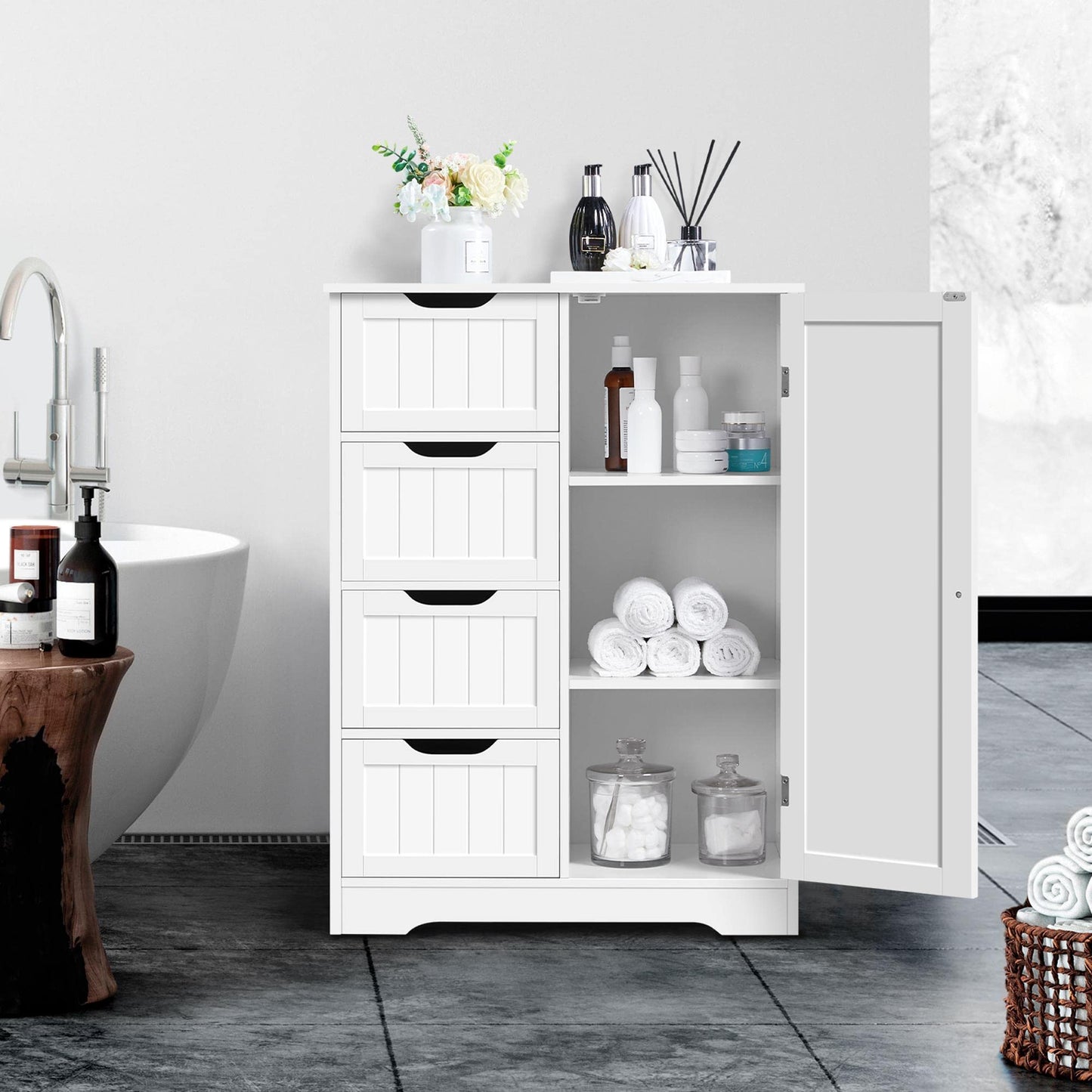 Yaheetech Bathroom Cabinet Floor Cabinet with 4 Drawers and 2 Doors Bathroom Cabinet Floor Cabinet with Height-Adjustable Shelf for Bathroom Living Room Hallway Kitchen White