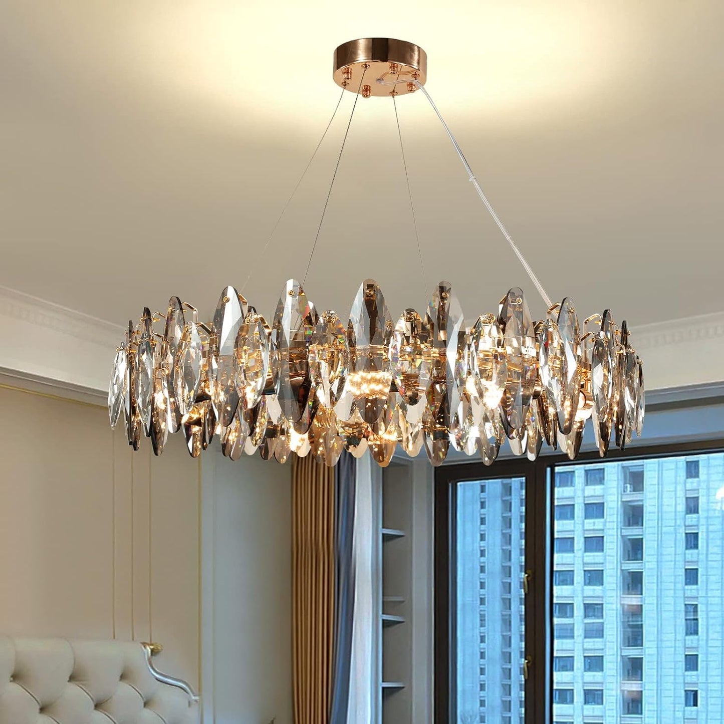 AHXIAOZN Modern LED Kristall Kronleuchter Luxus,Funkelnder Eiförmiger Kristall Deckenleuchte Gold,9xE14 Wohnzimmer Pendelleuchte,8-Flammig