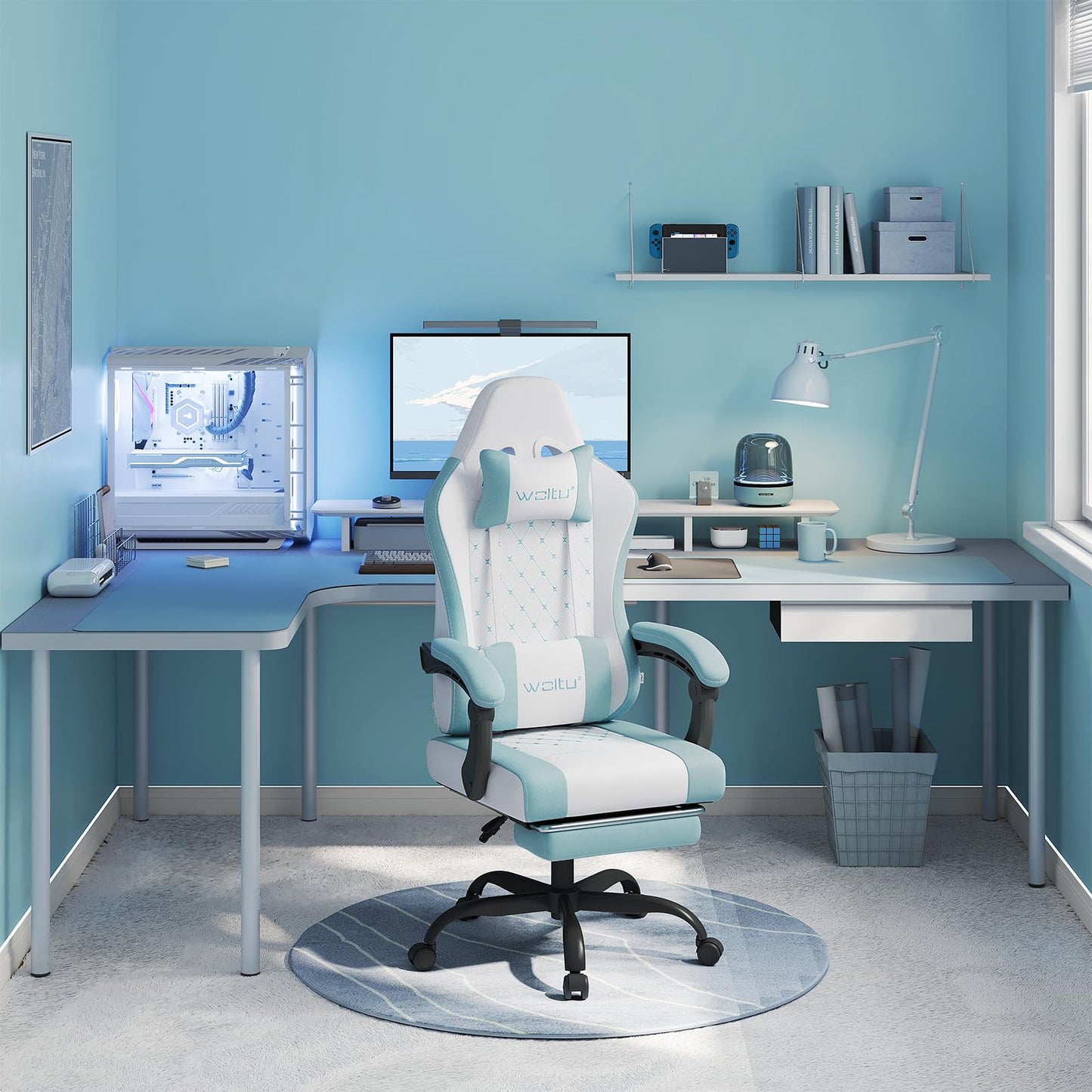 WOLTU Gaming Stuhl mit Massagefunktion, Computerstuhl Ergonomisch, Taschenfederkissen, Lendenmassage, Kopfkissen, Fußstütze, Drehstuhl, 150 kg, Netzstoff, Rosa+Weiß