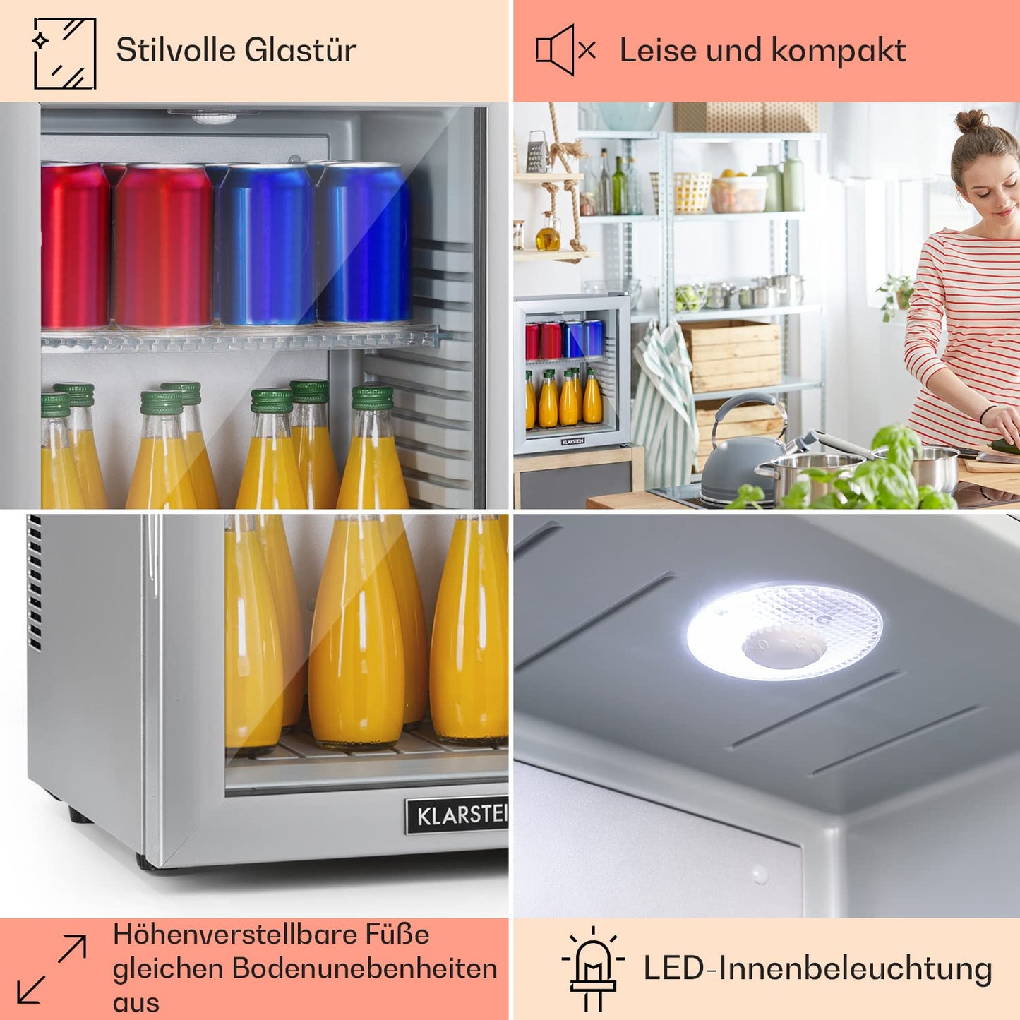 Klarstein Kühlschrank, Mini Kühlschrank mit Glastüre, Mini-Kühlschrank für Getränke, Snacks & Kosmetik, Kühlschrank Klein & Leise, Verstellbare Ablagen, Kleiner Skincare Kühlschrank 12-18°C, 23L