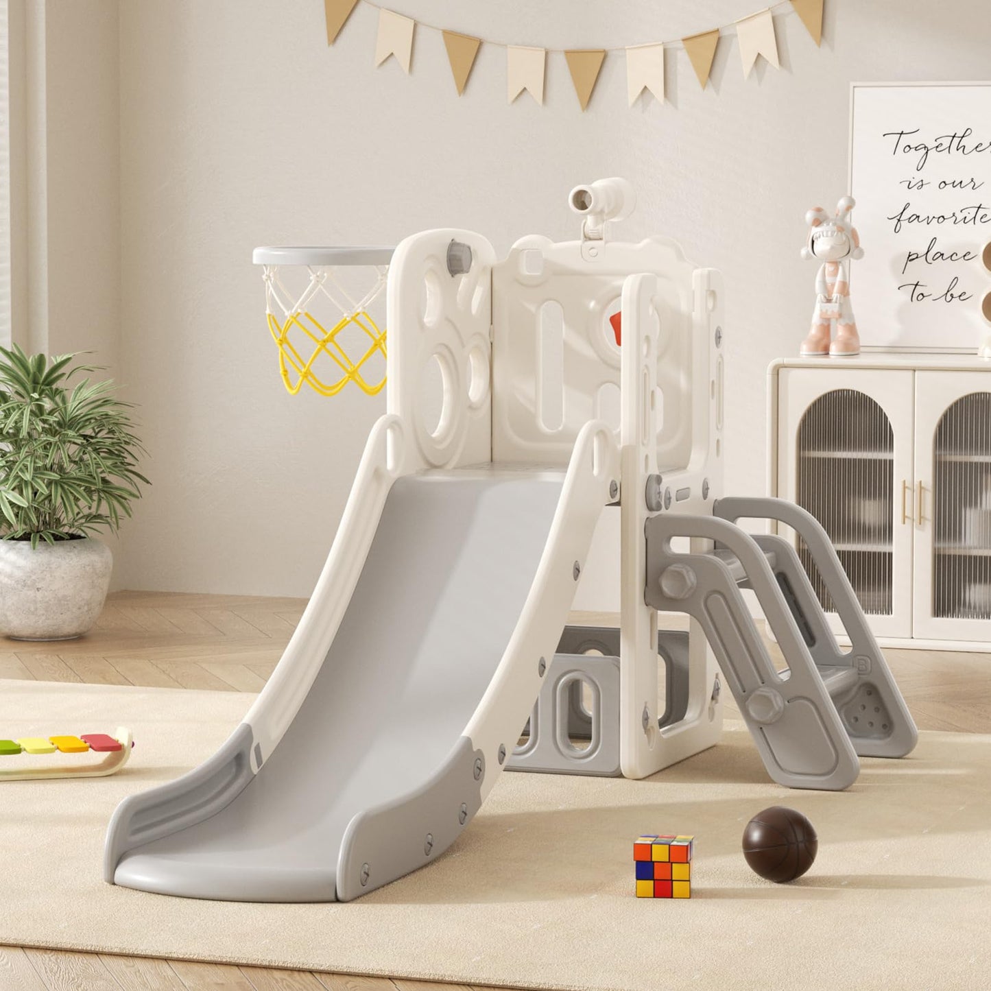 Rutsche mit Klettergerüst für Kinder: Indoor Spielplatz mit - Aufbewahrungsbox Tunnel Treppenleiter Basketballkorb und Durchgangsbereich Gartenrutsche (Star Set-G-Brown)