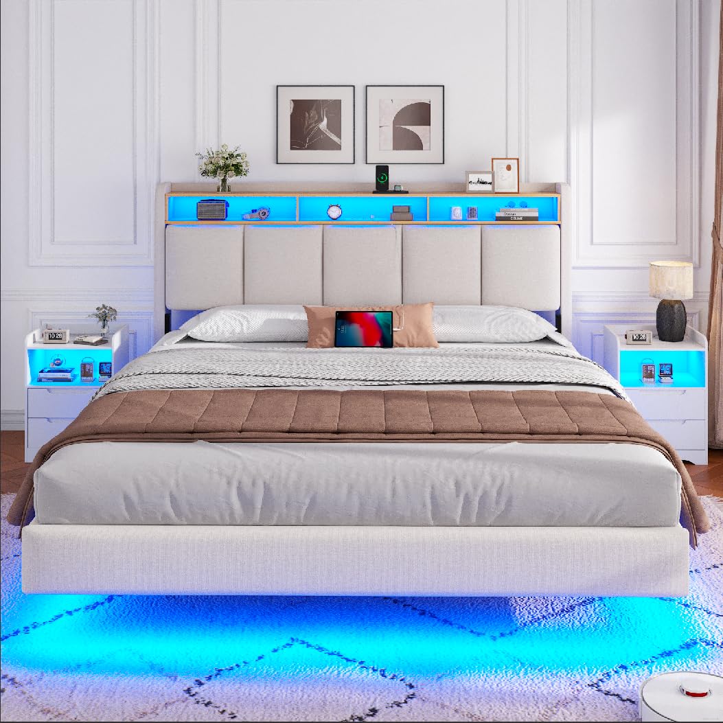 Brinlawb Upholstered Bed 140 x 200 cm Floating Bed with LED Lighting, Headboard and Charging Station (2 AC Sockets, 2 USB Ports), Bed 140 x 200 cm with Storage Space, Modern Double Bed with Slatted