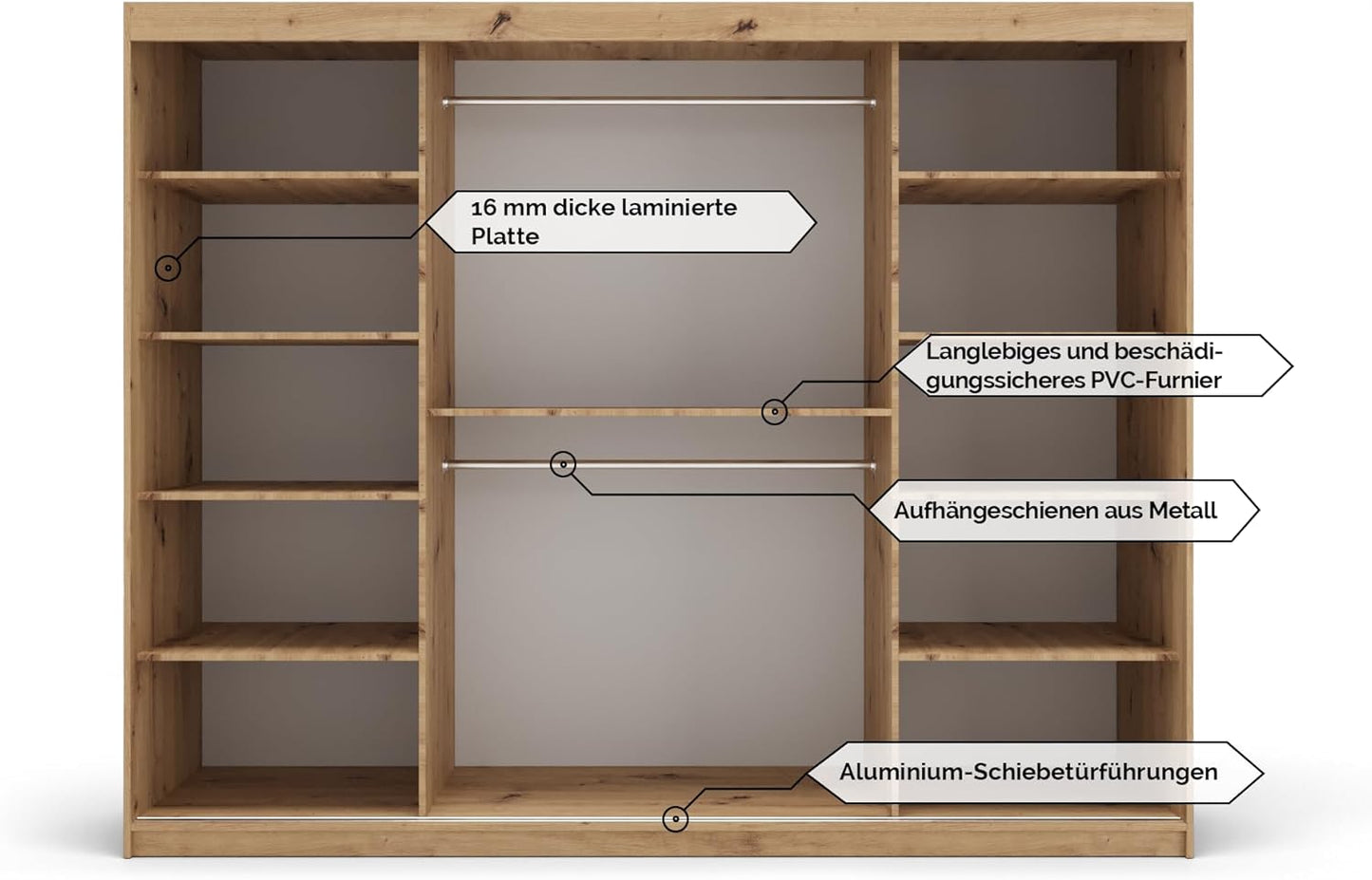 Kryspol Schwebetürenschrank York 250 cm Kleiderschrank mit Kleiderstange und Einlegeboden Schlafzimmer- Wohnzimmerschrank Schiebetüren Modern Design (Weiß)
