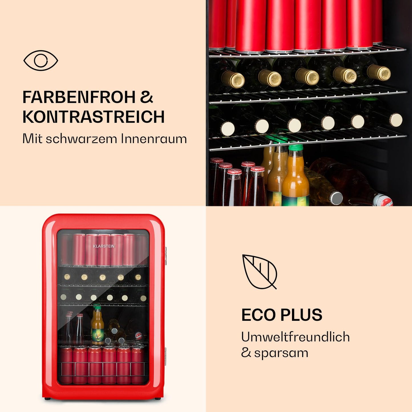 Klarstein PopLife Getränkekühler - Mini-Bar, Retrokühlschrank, 0-10°C, nur 39 dB, 115 L, umweltfreundlich, doppelt verglaste Tür, Retro-Design, rot