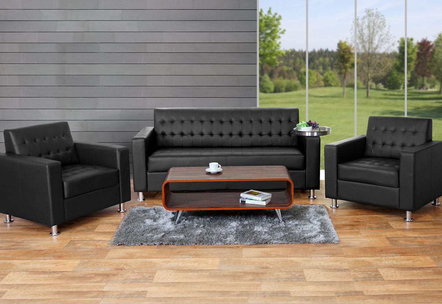 3-1-1 Sofagarnitur Kunda, Couch Loungesofa Kunstleder, Metall-Füße - schwarz
