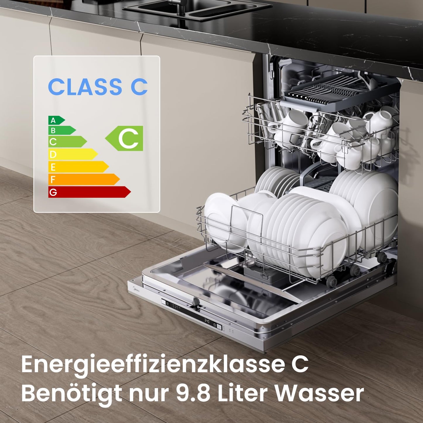 Midea SF 5.60NW14C Dishwasher 60 cm Freestanding & Undermountable, 14 MGD, Hygiene Care +, Zone Wash, 7 Programmes, Dishwasher 60 cm with WiFi, Start Delay, Automatic Door Opening, 44 dB