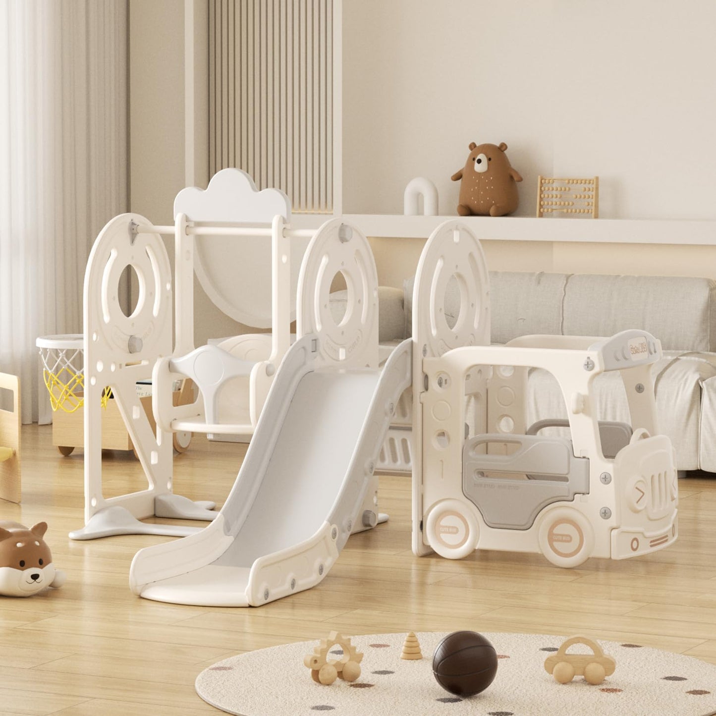 Rutsche mit Klettergerüst für Kinder: Indoor Spielplatz mit - Aufbewahrungsbox Tunnel Treppenleiter Basketballkorb und Durchgangsbereich Gartenrutsche (Star Set-G-Brown)