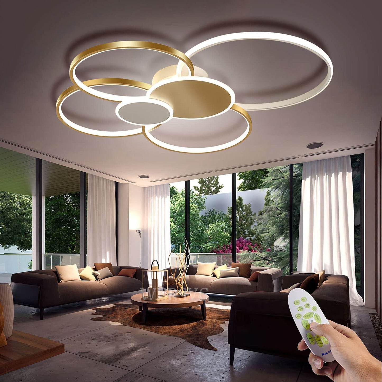 WERSVG L80cm Modern LED Deckenleuchte Wohnzimmer Deckenlampe gold 6-Ring Deckenleuchte 70W 5600LM Dimmbar 3500K - 6500KMit Fernbedienung flurlampe decke, für Wohnzimmer Schlafzimmer Küche Esszimmer