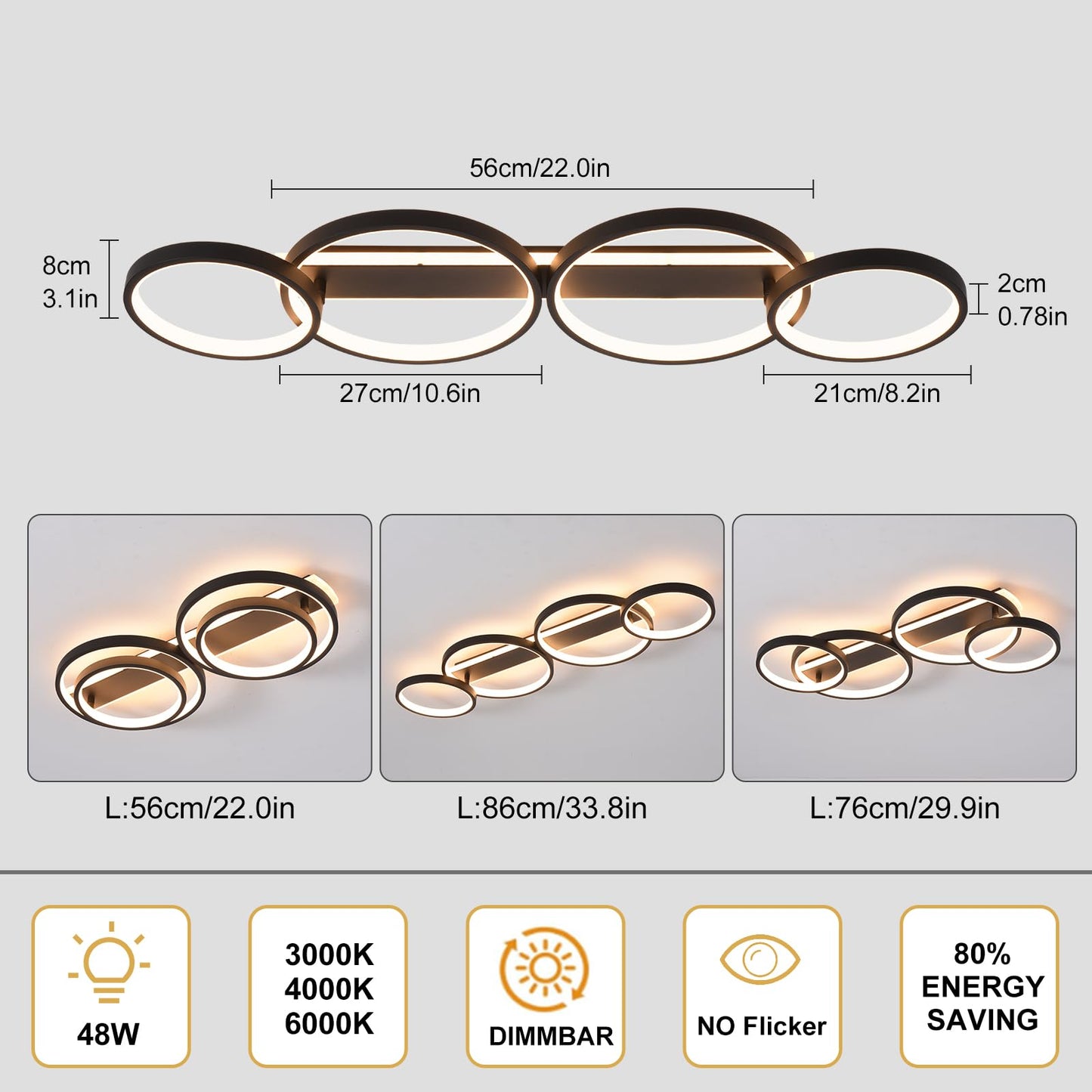 LED Ceiling Lamp, Dimmable Ceiling Light with Remote Control App, Adjustable Ring Shape Living Room Lamp 4 Bulbs Chandelier Lamp, 48 W 3000-6500 K Ceiling Lighting for Bedroom Living Room, Black, 86