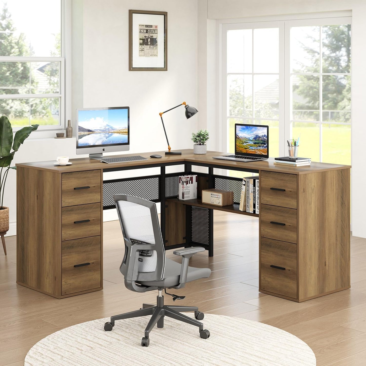 HSH - Black L Shape Corner Desk with Filing Drawers and Shelves, Reversible Corner Desk Made of Metal and Wood with Storage Cabinets