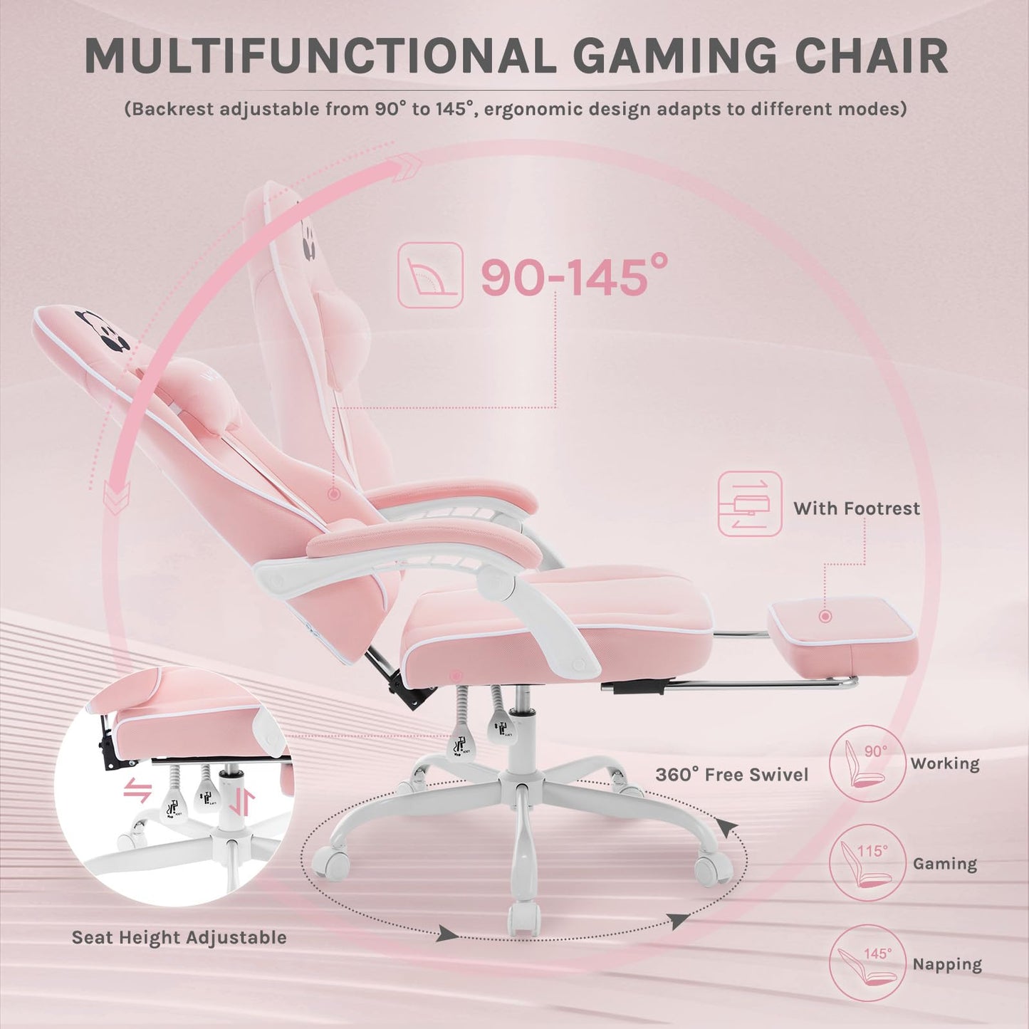 WOLTU Gaming Chair with Pocket Spring Cushion, 150 kg Weight Capacity, Ergonomic Swivel Chair, with Pillow, Lumbar Cushion, Footrest, Mesh, Pink, GS16rs