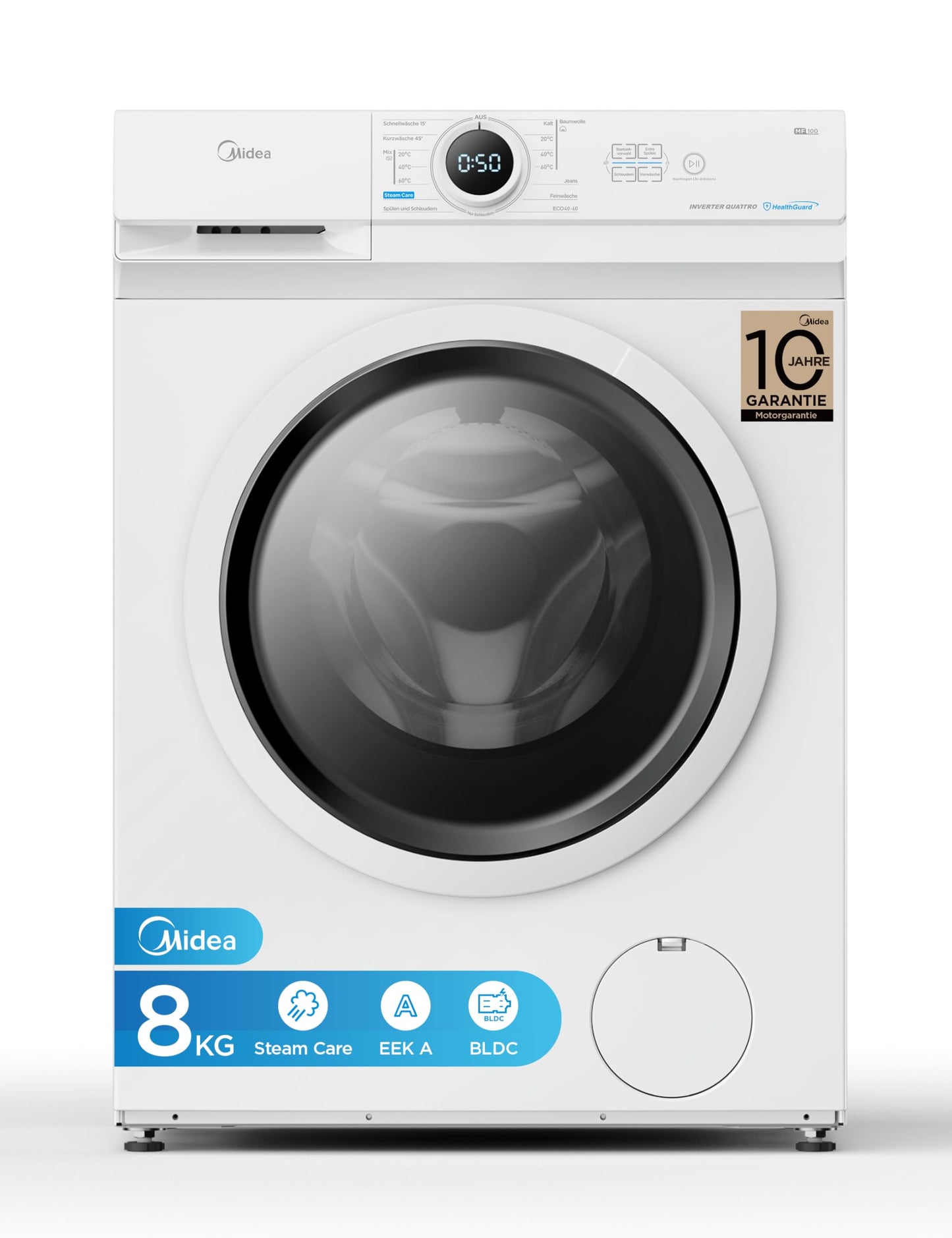 Midea MF10EW70BA10 Waschmaschine / 7kg / 1400 U/Min/EEK A-10%/Inverter Quattro Motor/Dampffunktion/Grosse Trommel/Nachlegefunktion/Kindersicherung/AquaStop, Weiß