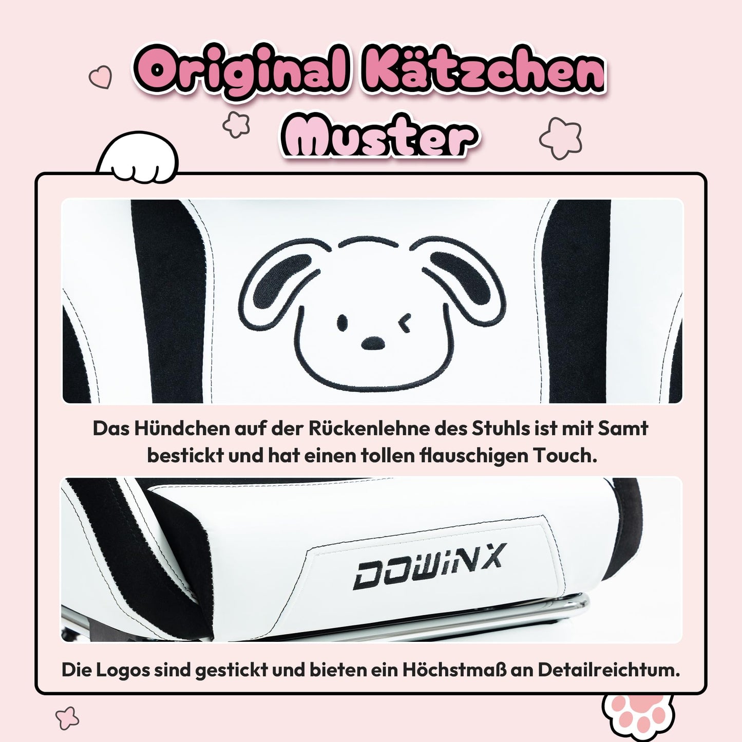 Dowinx Gaming Chair - Cute Cat Edition - Ergonomic Computer Chair with High Back and Lumbar Support, PU Leather, Footrest, Black