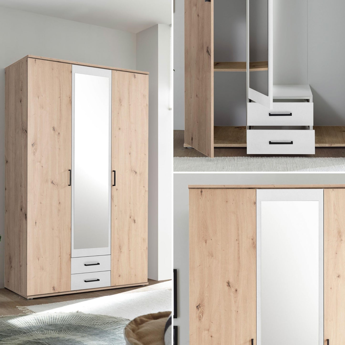 Stella Trading CHICAGO Eleganter Kleiderschrank mit viel Stauraum - Vielseitiger Drehtürenschrank in Artisan Eiche Optik und Absetzungen in Anthrazit - 156 x 197 x 54 cm (B/H/T)