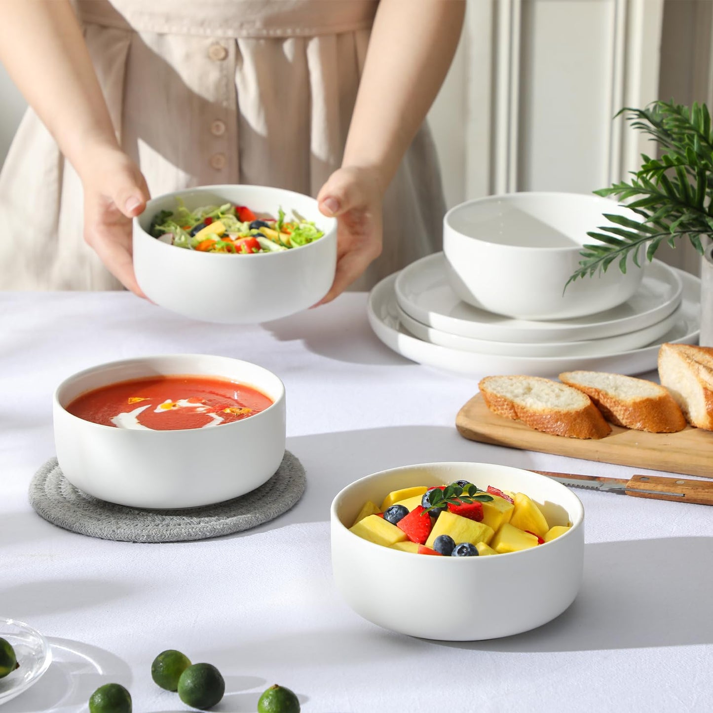 MALACASA Geschirrset 6 Personen, LUNA 24-tlg Tafelservice aus Weißem Porzellan, Modernes Geschirr Set mit je 6 Speiseteller, Dessertteller, Suppenteller und Müslischalen