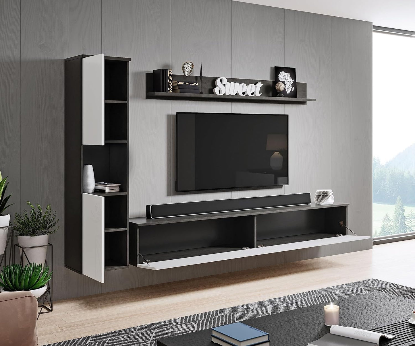 MINIO go for it - Parma XL Wall Unit, 4-Piece Set, with LED Lighting, Hanging or Standing, 2 x Highboard, Lowboard, Wall Board, Laminated Chipboard, Colour: Wotan Oak