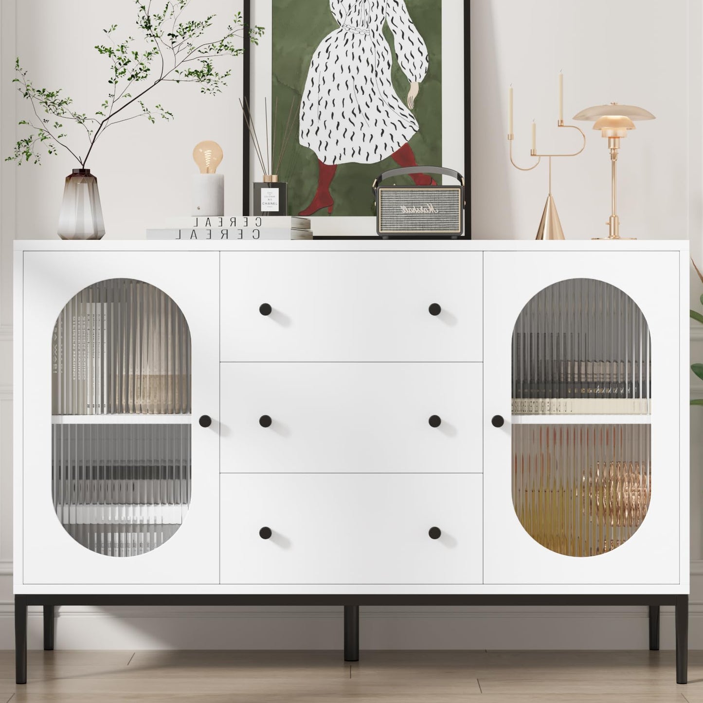 FirFurd Sideboard 120 cm Wide Kitchen Cabinet with Worktop Buffet Cabinet with 2 Glass Doors 3 Drawers Kitchen Buffet with Adjustable Shelf for Kitchen Dining Room Living Room 120 x 38 x 80 cm Black