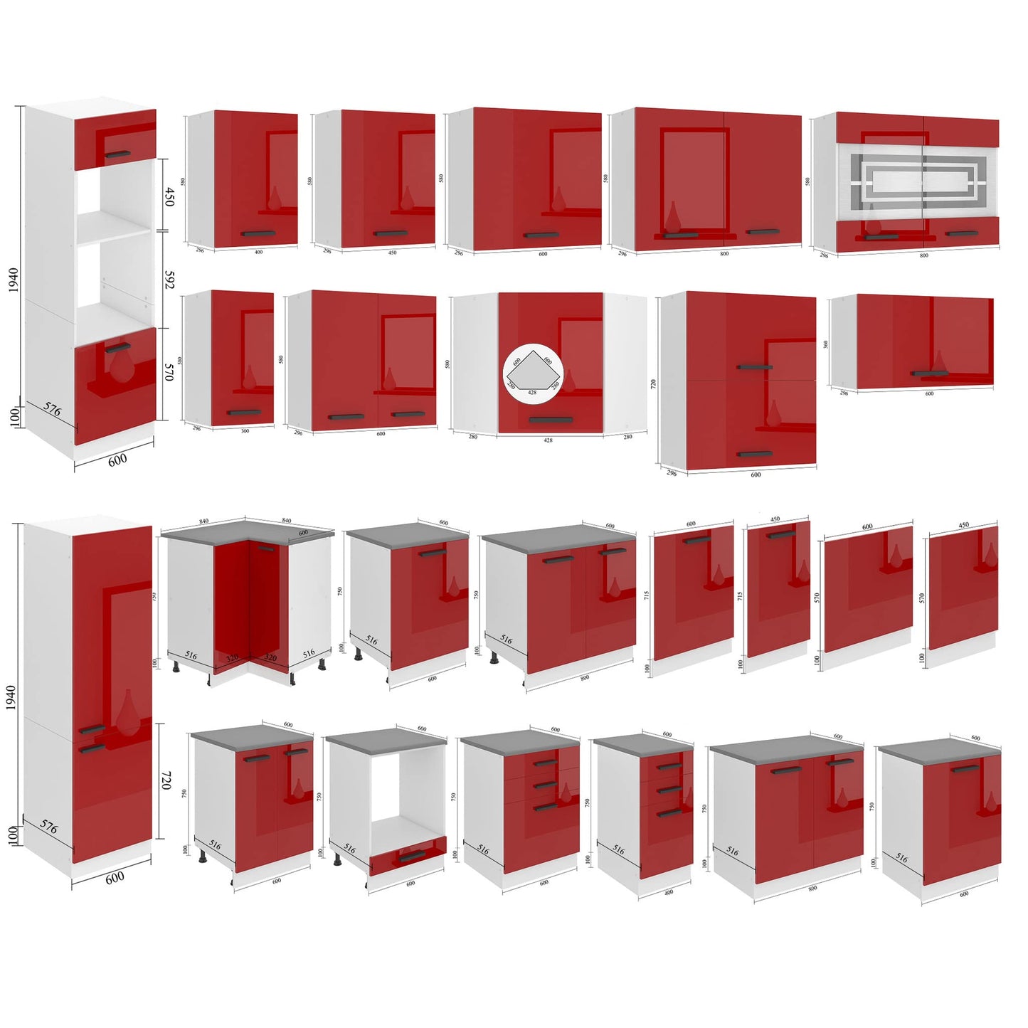 Belini Linda Kitchen Unit, Kitchen Furniture 240 cm, Fully Equipped without Electrical Appliances, with Wall Cabinets and Base Cabinets, with Worktops, Matt White