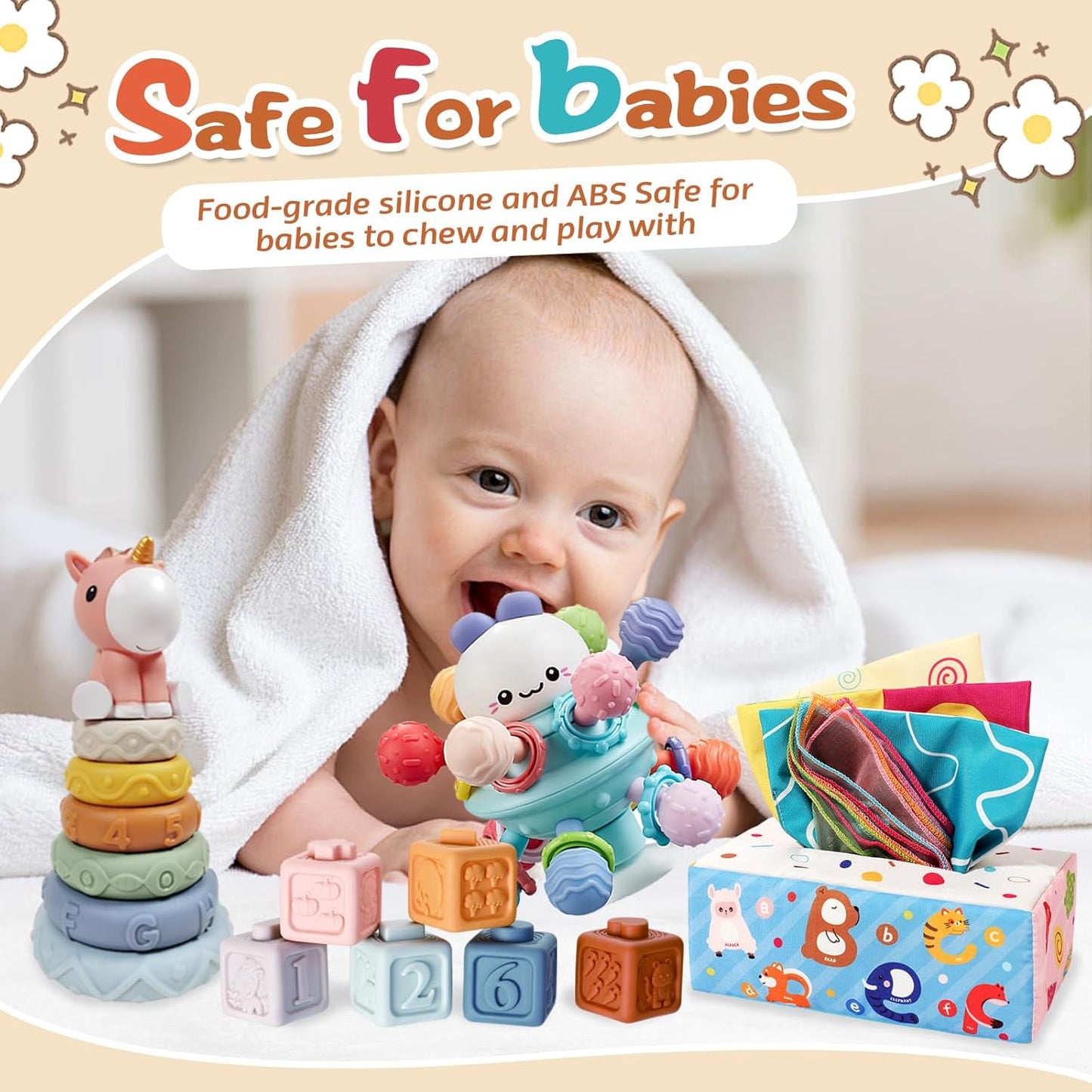 Almaxi Baby Toy 6 Months - 3 Years, 4-in-1 Montessori Toy, Stacking Tower, Silicone Building Blocks, Sensory, Tissue Box, Birthday Gift for Baby 6 9 12 Months 1 2 3 Years