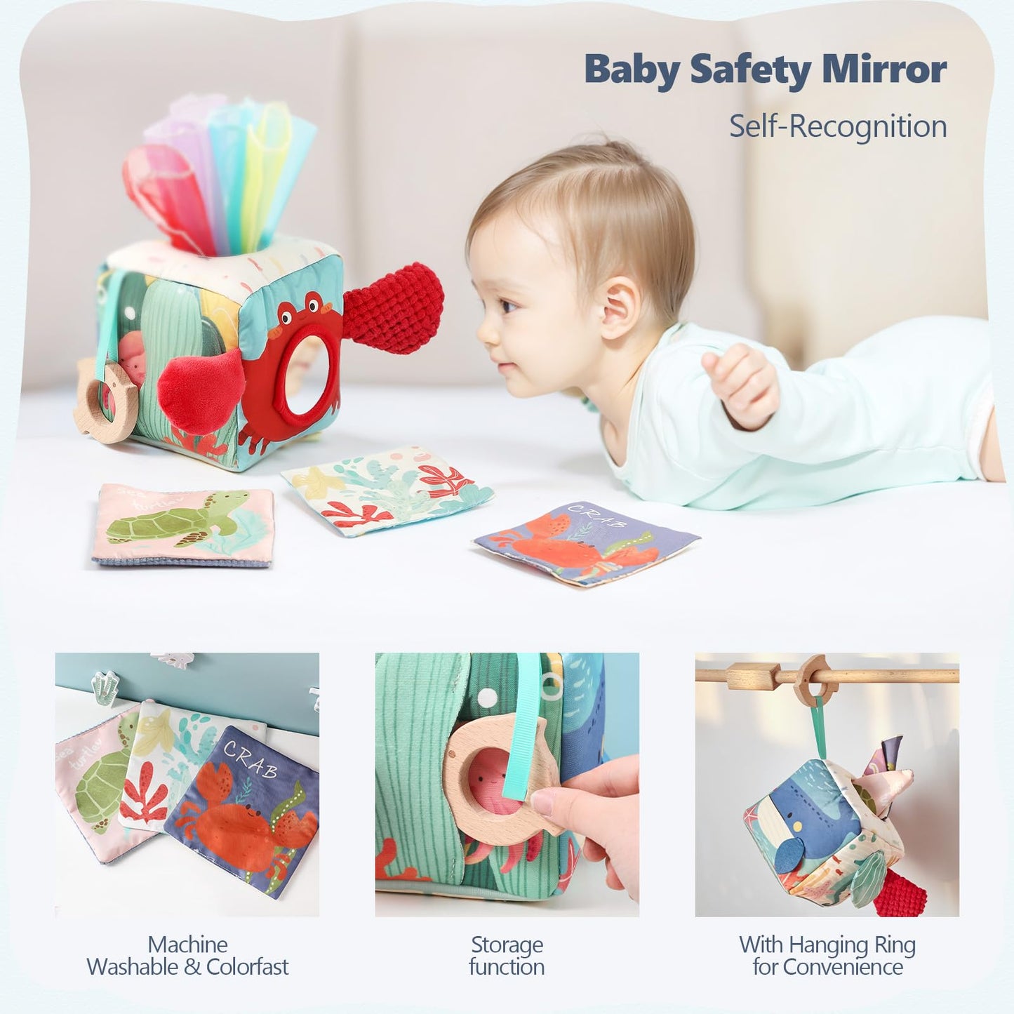 WOODEN TEETHER Tissue Box Montessori Motorikspielzeug, 6-12 Monate Sensorik Baby Spielzeug mit Spiegel, Farben, Texturen, Kinder Frühes Lernspielzeug für Jungen Mädchen Geschenke