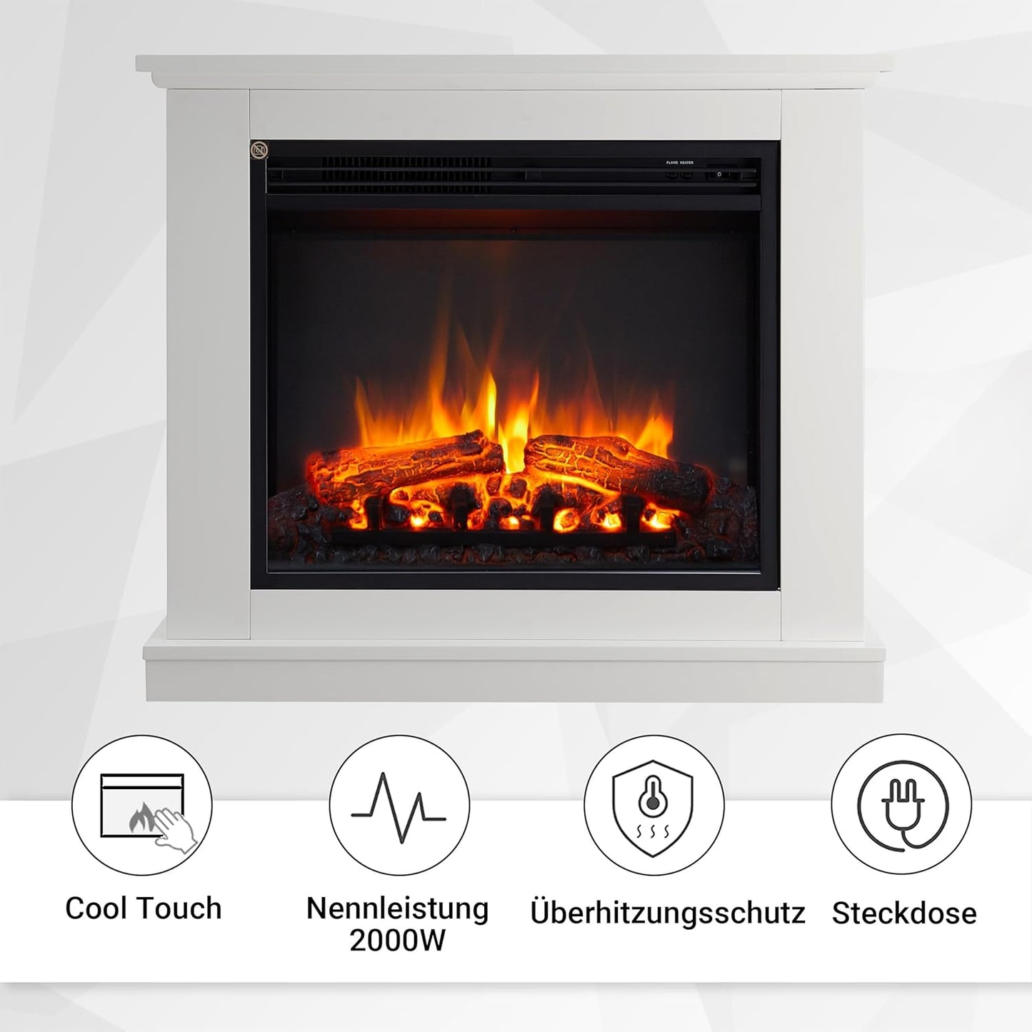 BALDERIA Phanos Electric Fireplace - Electric Standing Fireplace with Heating 1000/2000 W, Realistic 3D Flame Effect, Remote Control, Programmable, Timer, Thermostat - White (White)