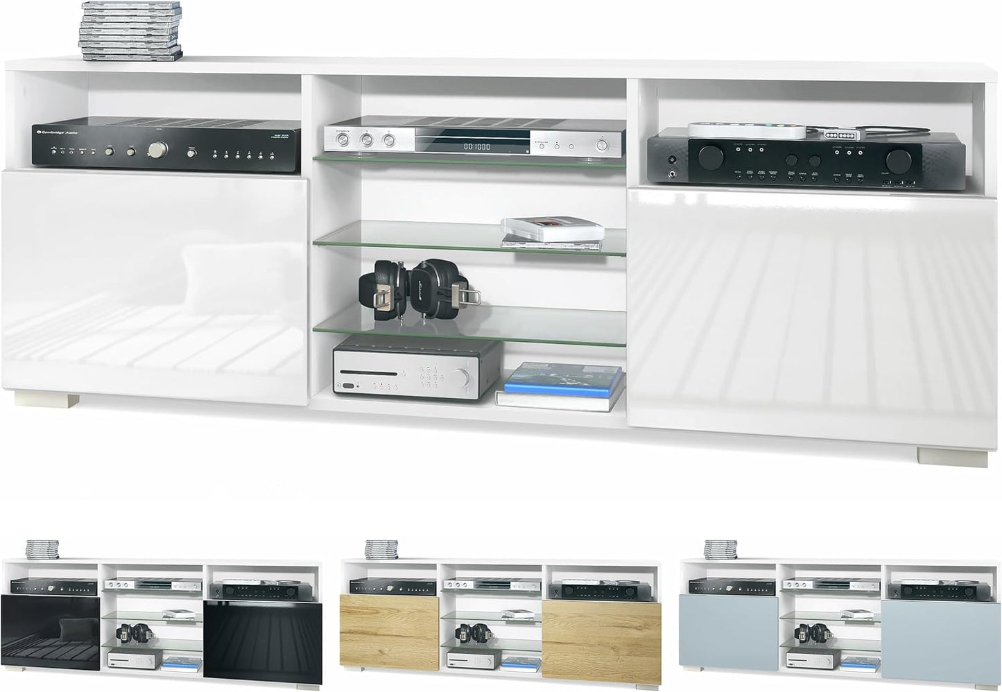 Vladon Granada TV Board Lowboard with 2 Doors and 6 Open Compartments, Matt White Body, Fronts in Sand Grey High Gloss (146 x 54 x 35 cm)