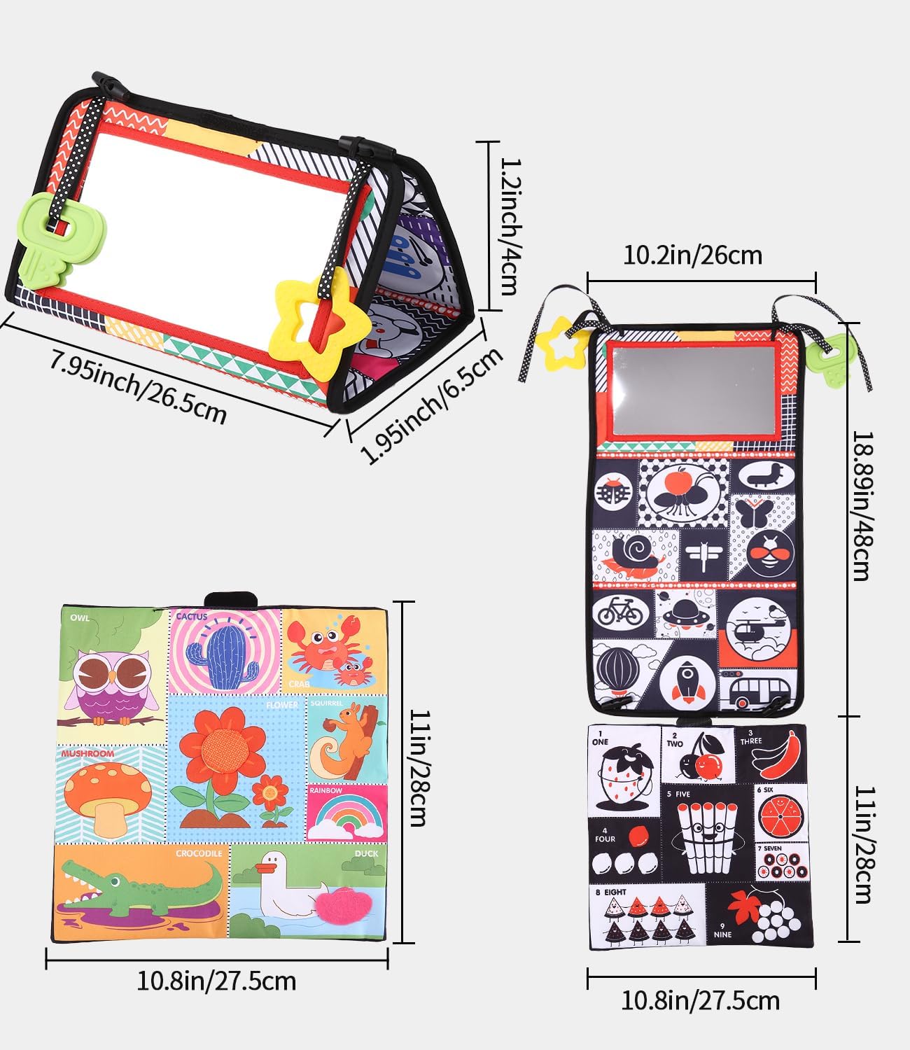 Zawaer Baby Mirror Toy, Foldable Baby Tummy Position, Sensory Fabric Books with Black White Contrast Pattern, Visual Auditory Tactile Stimulation Montessori Toy for Newborns from 3 Months