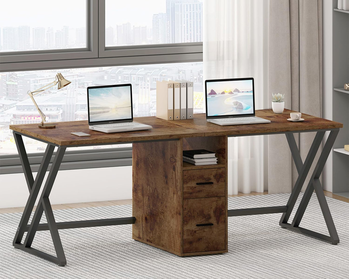 LVB Schwarz Large Double Industrial Computer-Schreibtisch mit Schubladen, Extra Lange Gaming-Tabelle mit Lagerung Schrank Regale, Holz-Metall-Computer-Schreibtisch
